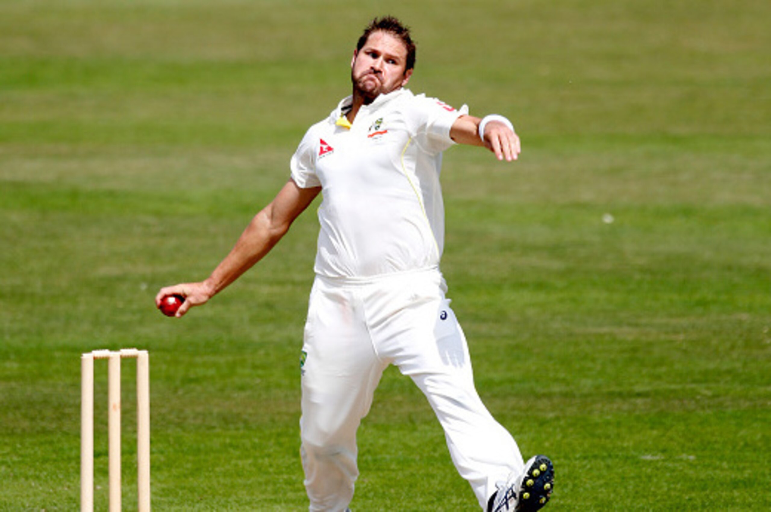 CANTERBURY, ENGLAND - JUNE 28: Ryan Harris of Australia bowls during day four of the tour match between Kent and Australia at The Spitfire Ground, St Lawrence on June 28, 2015 in Canterbury, England. (Photo by Julian Herbert/Getty Images) CANTERBURY, ENGLAND - JUNE 28: Ryan Harris of Australia bowls during day four of the tour match between Kent and Australia at The Spitfire Ground, St Lawrence on June 28, 2015 in Canterbury, England. (Photo by Julian Herbert/Getty Images)