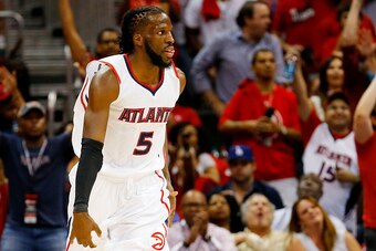 ATLANTA, GA - MAY 20:  DeMarre Carroll #5 of the Atlanta Hawks celebrates after hitting a three pointer in the first half against the Cleveland Cavaliers during Game One of the Eastern Conference Finals of the 2015 NBA Playoffs at Philips Arena on May 20,