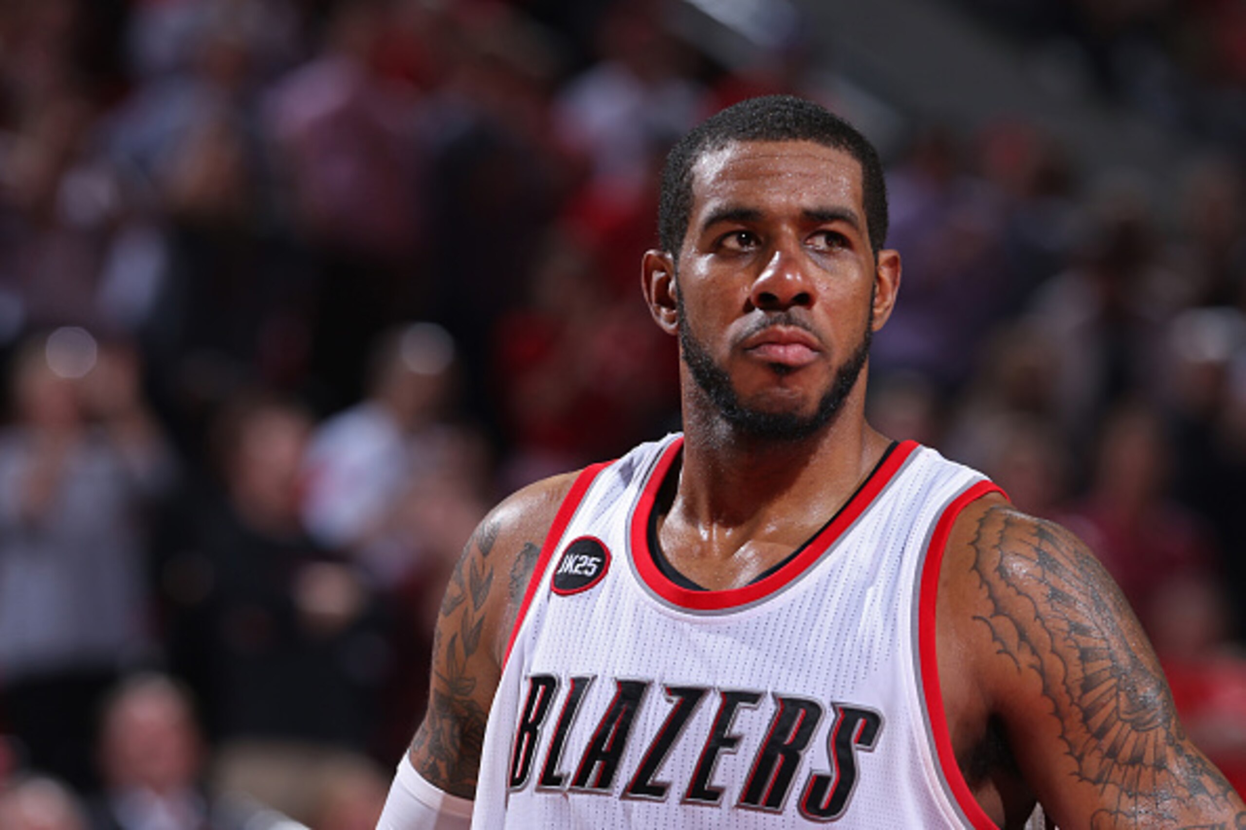 PORTLAND, OR - APRIL 27:   A close up shot of LaMarcus Aldridge #12 of the Portland Trail Blazers against the Memphis Grizzlies in Game Four of the Western Conference Quarterfinals during the 2015 NBA Playoffs on April 27, 2015 at the Moda Center in Portl