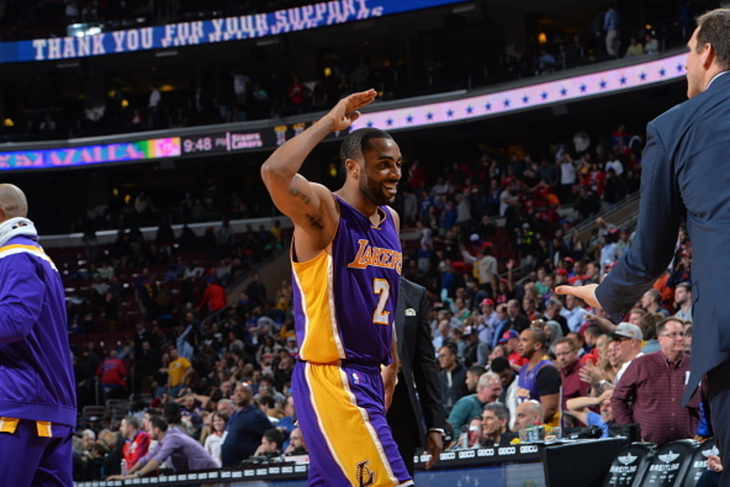 PHILADELPHIA,PA - MARCH 30: Wayne Ellington #2 of the Los Angeles Lakers assisted with the game winning shot against the Philadelphia 76ers at Wells Fargo Center on March 30, 2015 in Philadelphia, Pennsylvania NOTE TO USER: User expressly acknowledges and