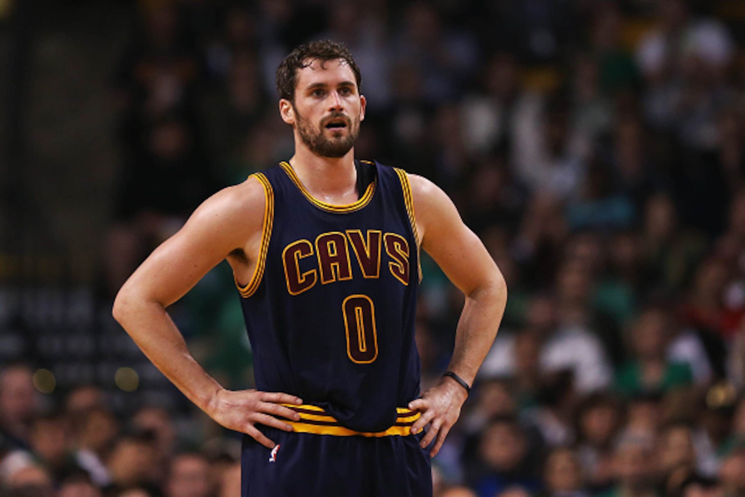 BOSTON, MA - APRIL 23:  Kevin Love #0 of the Cleveland Cavaliers looks on during the first quarter against the Boston Celtics in the first round of the 2015 NBA Playoffs at TD Garden on April 23, 2015 in Boston, Massachusetts. NOTE TO USER: User expressly