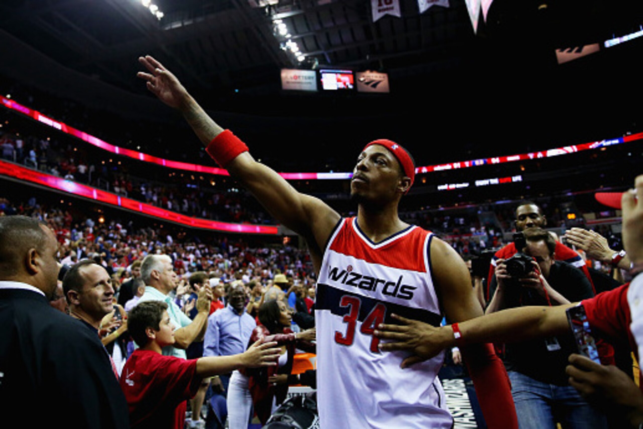 WASHINGTON, DC - MAY 15:  Paul Pierce #34 of the Washington Wizards waves to fans as he leaves the court following the Wizards 94-91 loss to the Atlanta Hawks at Verizon Center on May 15, 2015 in Washington, DC.  (Photo by Maddie Meyer/Getty Images)