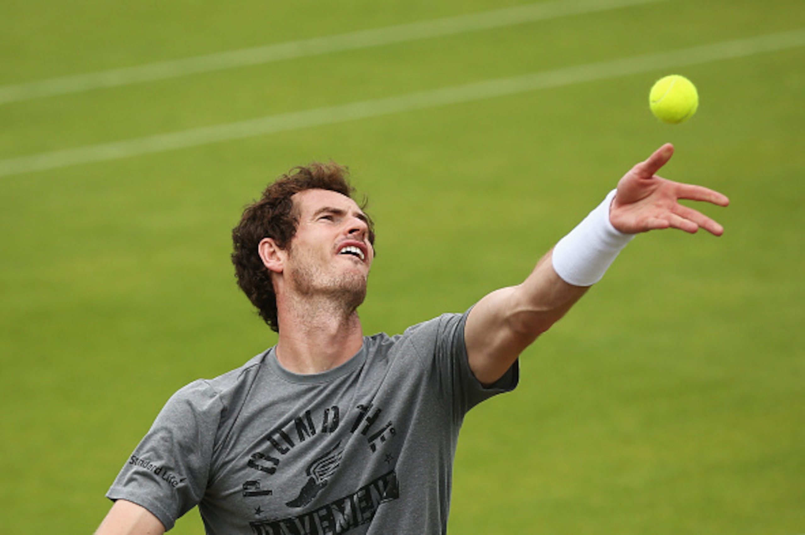 LONDON, ENGLAND - JULY 01:  Andy Murray of Great Britain serves during a practice session during day three of the Wimbledon Lawn Tennis Championships at the All England Lawn Tennis and Croquet Club on July 1, 2015 in London, England.  (Photo by Carl Court
