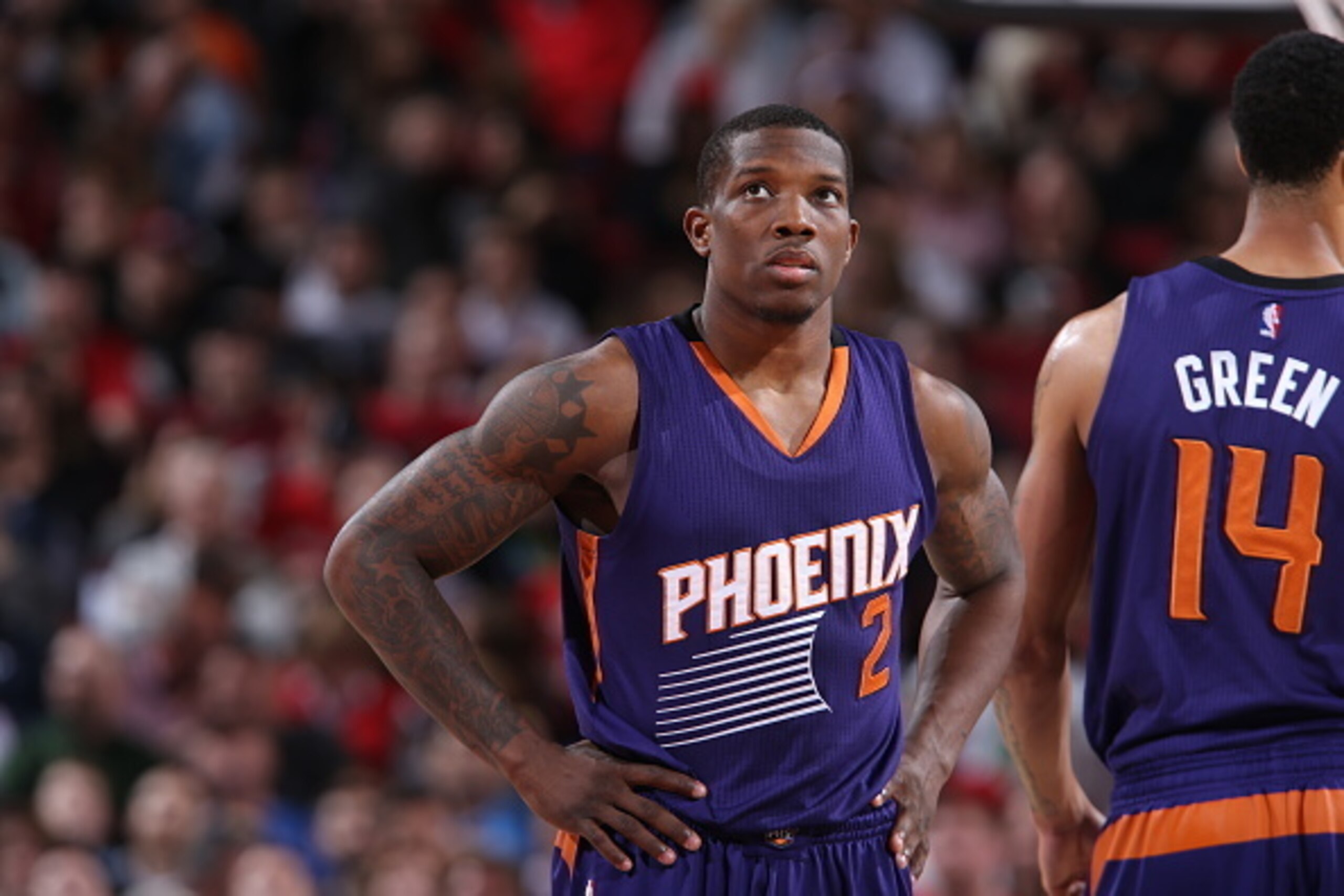 PORTLAND, OR - MARCH 30: Eric Bledsoe #2 of the Phoenix Suns stands on the court during a game against the Portland Trail Blazers on March 30, 2015 at the Moda Center Arena in Portland, Oregon. NOTE TO USER: User expressly acknowledges and agrees that, by