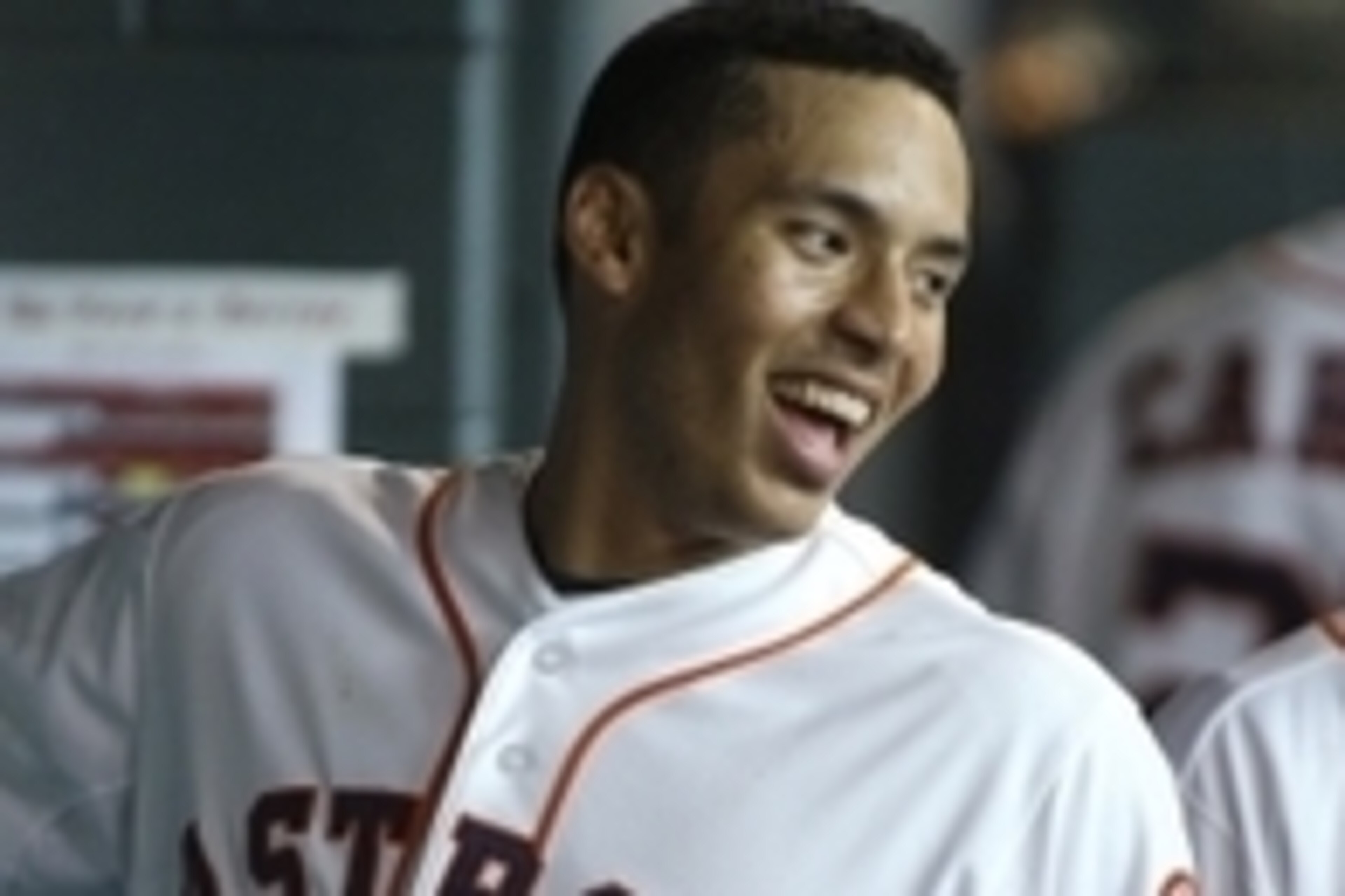 Jun 28, 2015; Houston, TX, USA; Houston Astros shortstop Carlos Correa (1) smiles in the dugout after scoring a run during the fourth inning against the New York Yankees at Minute Maid Park. Mandatory Credit: Troy Taormina-USA TODAY Sports