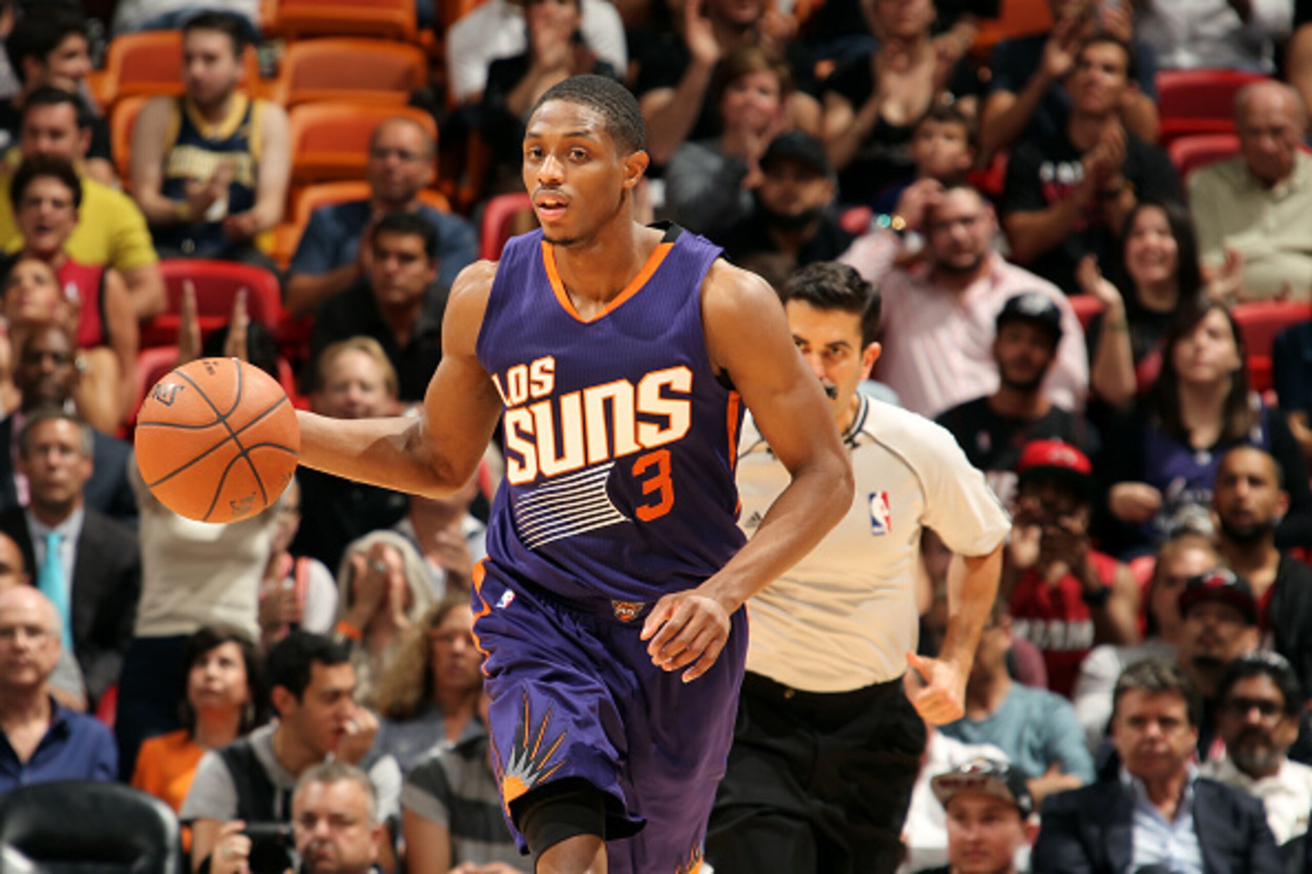MIAMI, FL - MARCH 2: Brandon Knight #3 of the Phoenix Suns drives against the Miami Heat on March 2, 2015 at American Airlines Arena in Miami, Florida.  NOTE TO USER: User expressly acknowledges and agrees that, by downloading and or using this Photograph