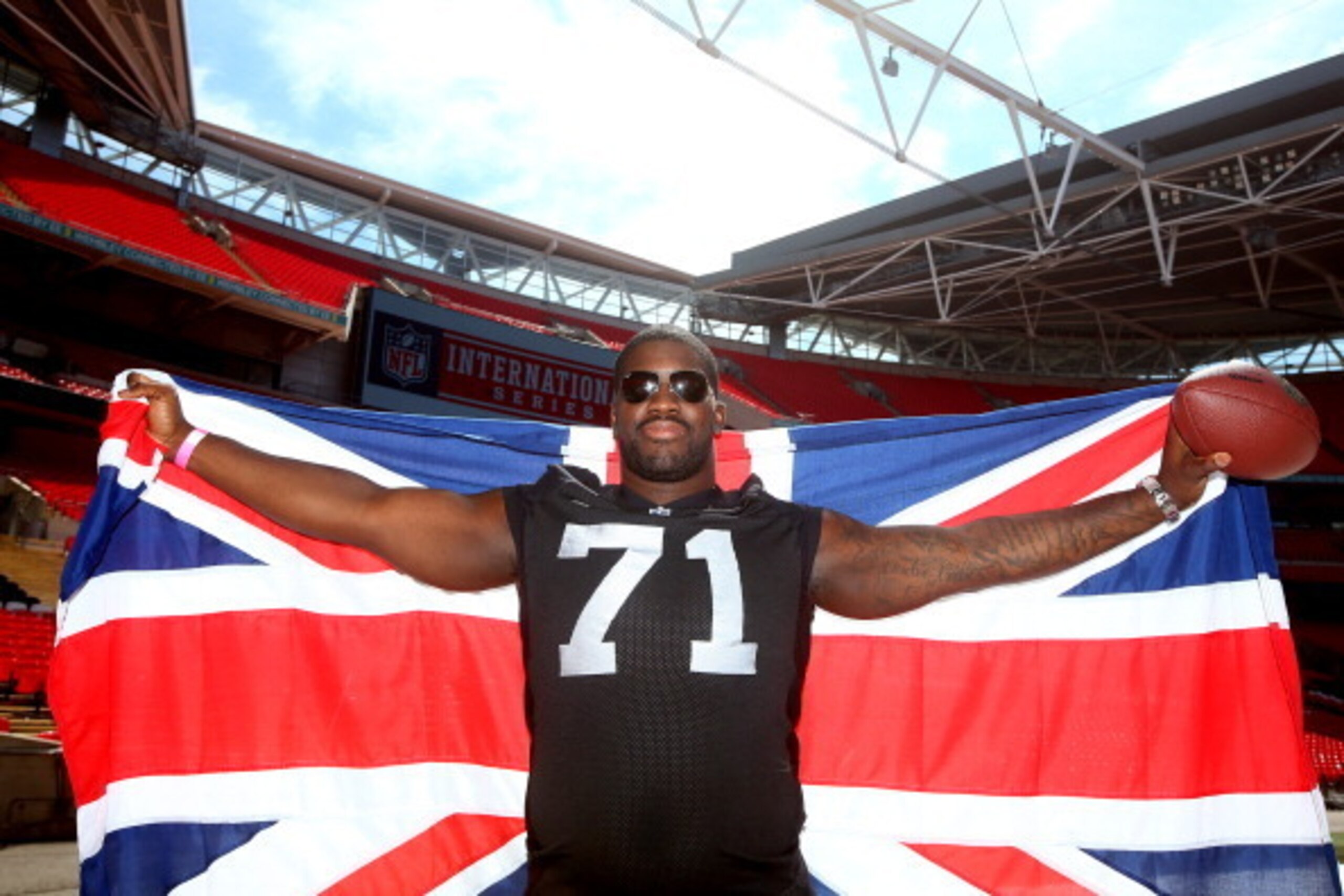 LONDON, ENGLAND - JULY 16: Great Britains Menelik Watson of Oakland Raiders poses for a photo during a NFL Media Day at Wembley Stadium, on July 16, 2014 in London, England. (Photo by Charlie Crowhurst/Getty Images)