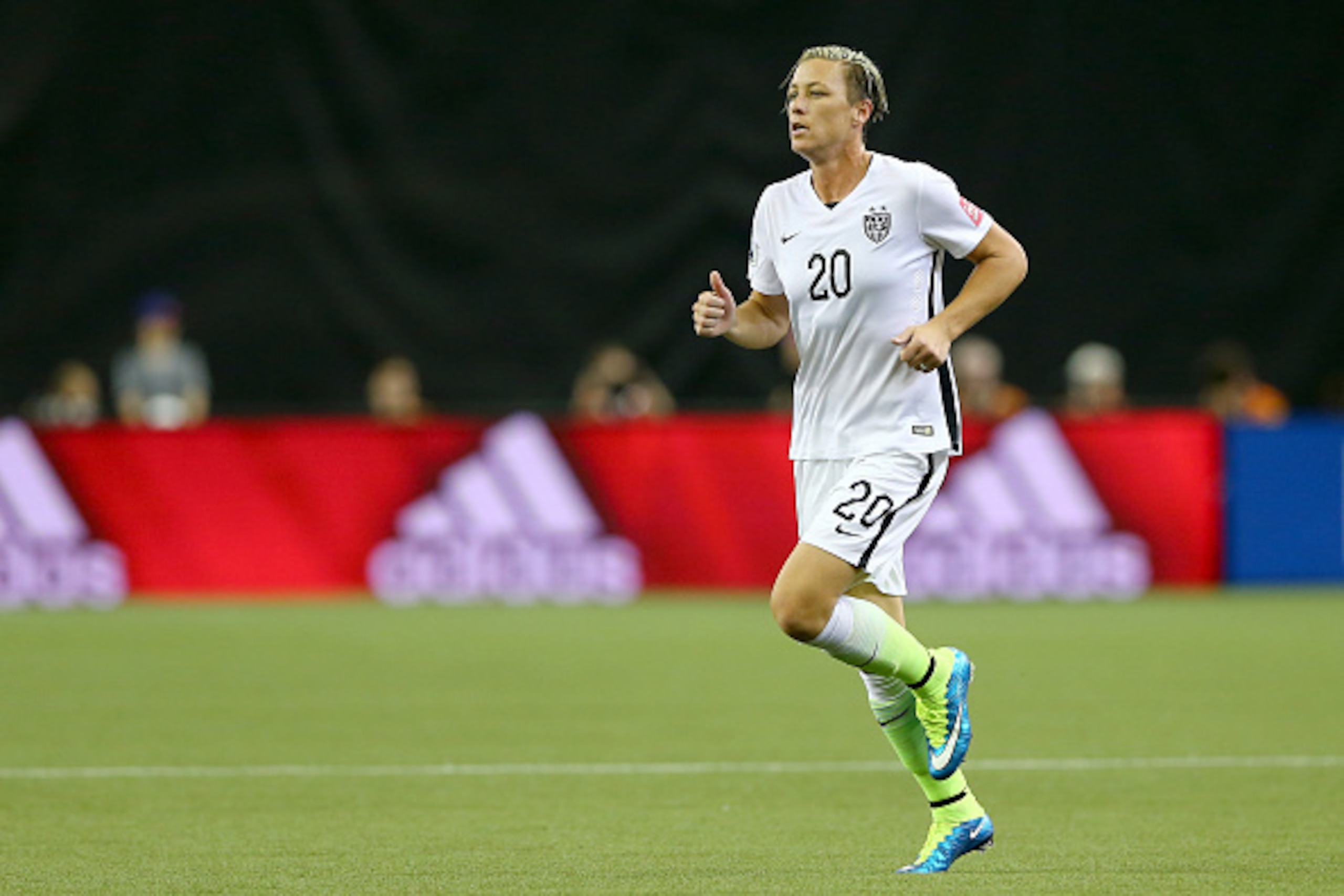 MONTREAL, QC - JUNE 30:  Abby Wambach #20 of the United States runs onto the pitch in the second half against Germany in the FIFA Women's World Cup 2015 Semi-Final Match at Olympic Stadium on June 30, 2015 in Montreal, Canada.  (Photo by Elsa/Getty Images