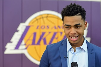 EL SEGUNDO, CA - JUNE 29:  D'Angelo Russell #1 of the Los Angeles Lakers attends a press conference introducing draft picks at Toyota Sports Center on June 29, 2015 in El Segundo California.  NOTE TO USER: User expressly acknowledges and agrees that, by d