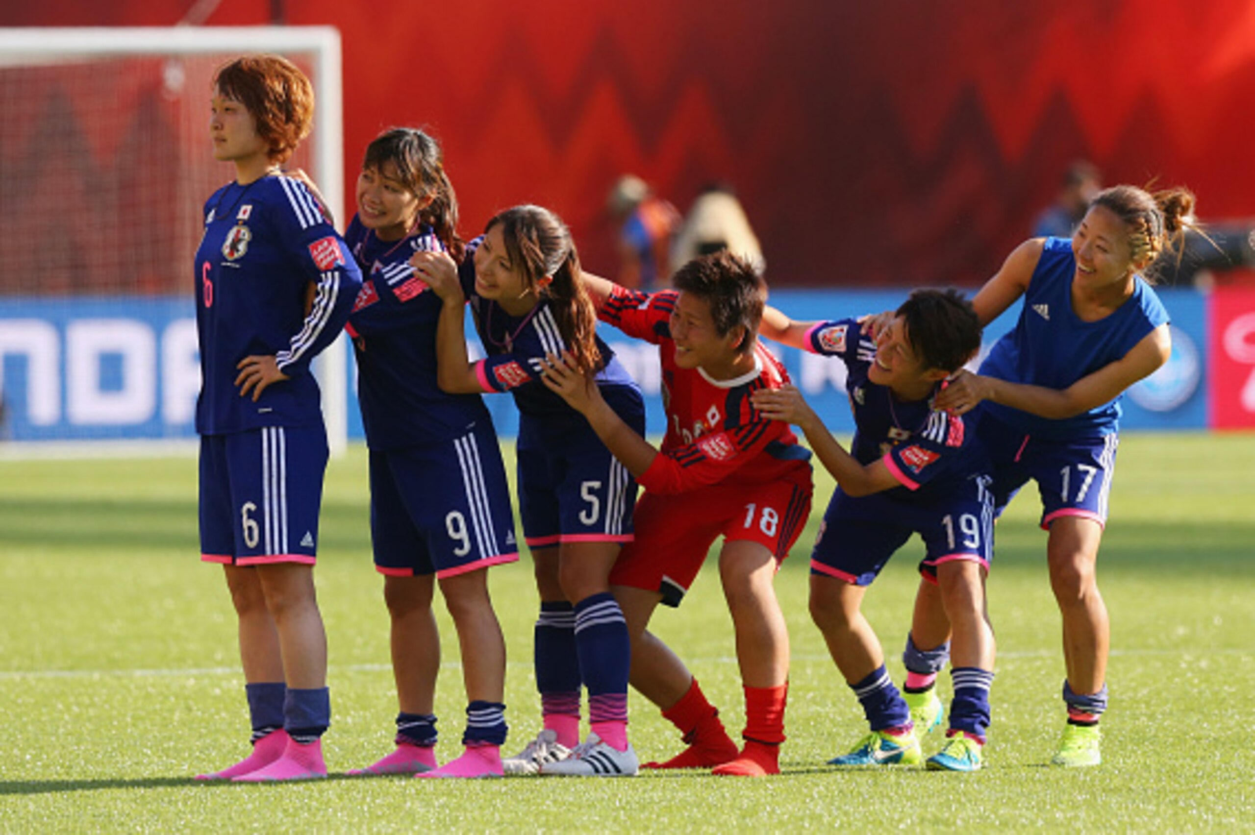 EDMONTON, AB - JULY 01: Mizuho Sakaguchi, Nahomi Kawasumi, Aya Sameshima, Ayumi Kaihori, Saori Ariyoshi and Yuki Ogimi of Japan celebrate after the FIFA Women's World Cup Semi Final match between Japan and England at the Commonwealth Stadium on July 1, 20