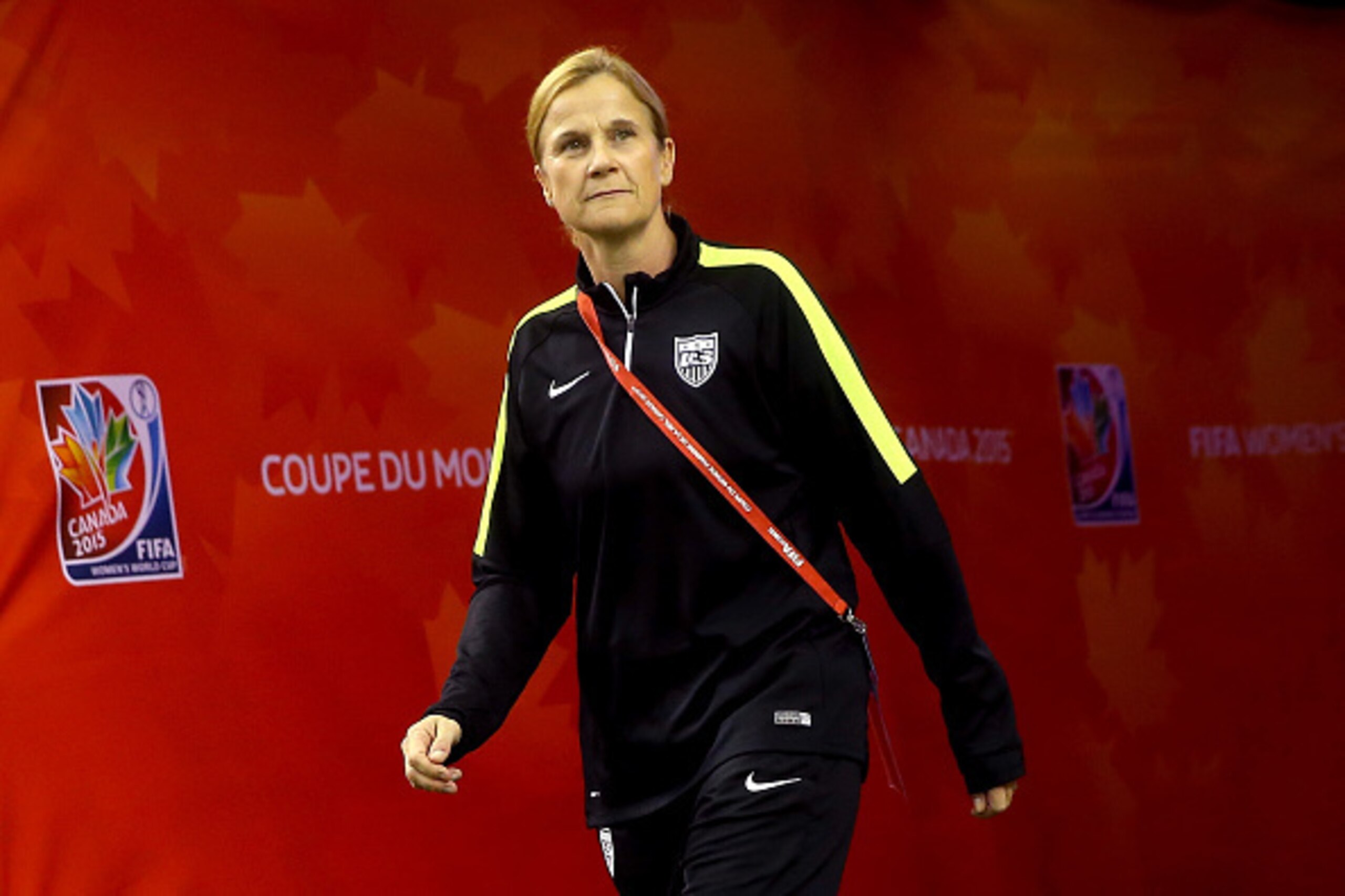 MONTREAL, QC - JUNE 30:  Head coach Jill Ellis of the United States walks out to the pitch before taking on Germany in the FIFA Women's World Cup 2015 Semi-Final Match at Olympic Stadium on June 30, 2015 in Montreal, Canada.  (Photo by Elsa/Getty Images)