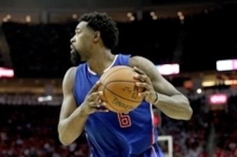 May 4, 2015; Houston, TX, USA;  Los Angeles Clippers center DeAndre Jordan (6) dribbles against Houston Rockets in game one of the second round of the NBA Playoffs at Toyota Center. Los Angeles Clippers won 117 to 101. Mandatory Credit: Thomas B. Shea-USA