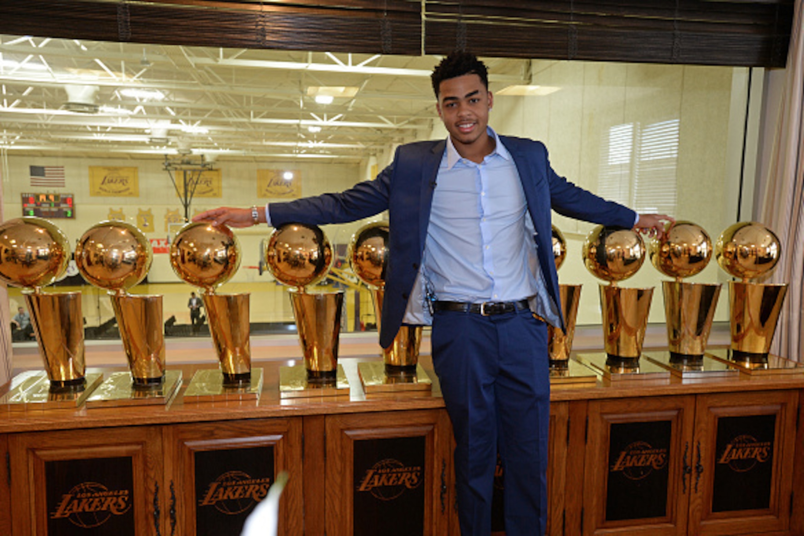 EL SEGUNDO, CA - JUNE 29:  D'Angelo Russell #1 of the Los Angeles Lakers poses for photos behind the scenes of the Lakes practice facility before he attends a press conference at Toyota Sports Center on June 29, 2015 in El Segundo California.  NOTE TO USE