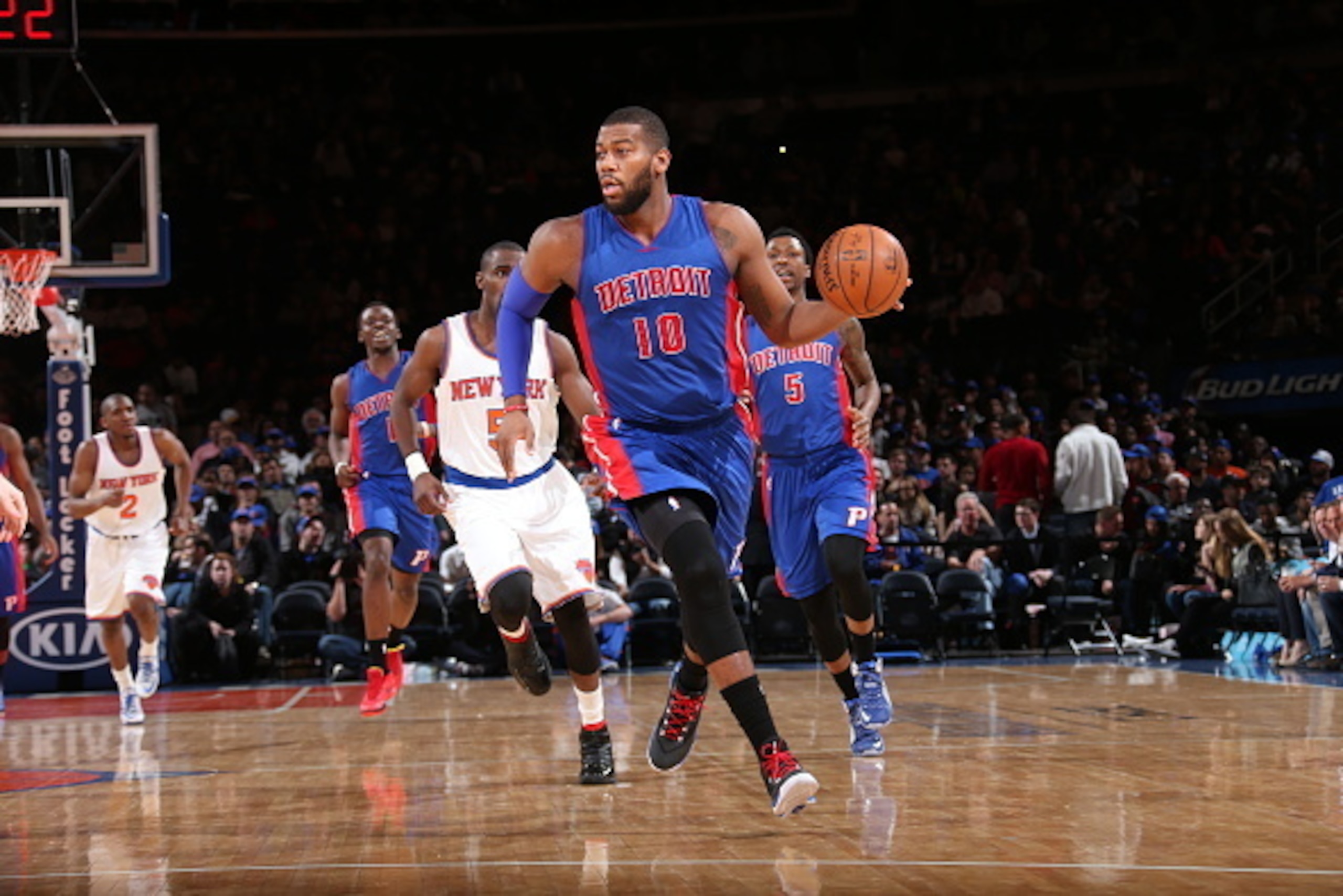 NEW YORK, NY - APRIL 15:  Greg Monroe #10 of the Detroit Pistons drives to the basket against the New York Knicks on April 15, 2015 at Madison Square Garden in New York City.  NOTE TO USER: User expressly acknowledges and agrees that, by downloading and o
