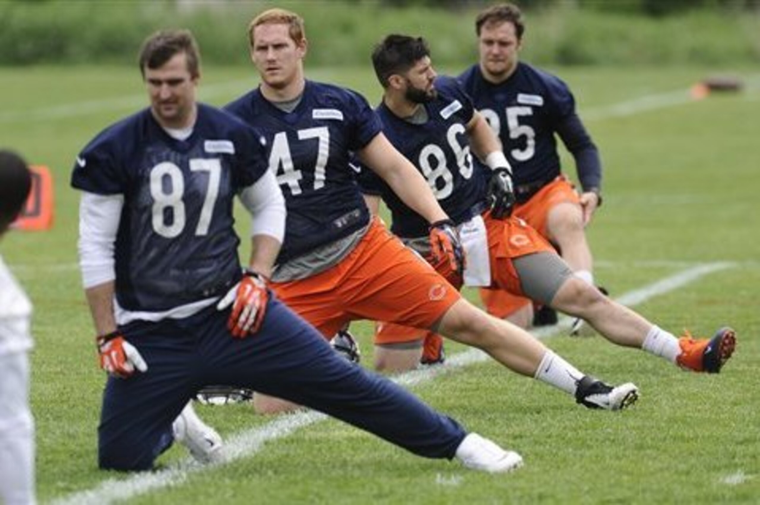 Bear Pascoe (87), Brian Vogler (47) and Zach Miller (86) are just some of the tight ends competing for a roster spot with the Bears this summer.