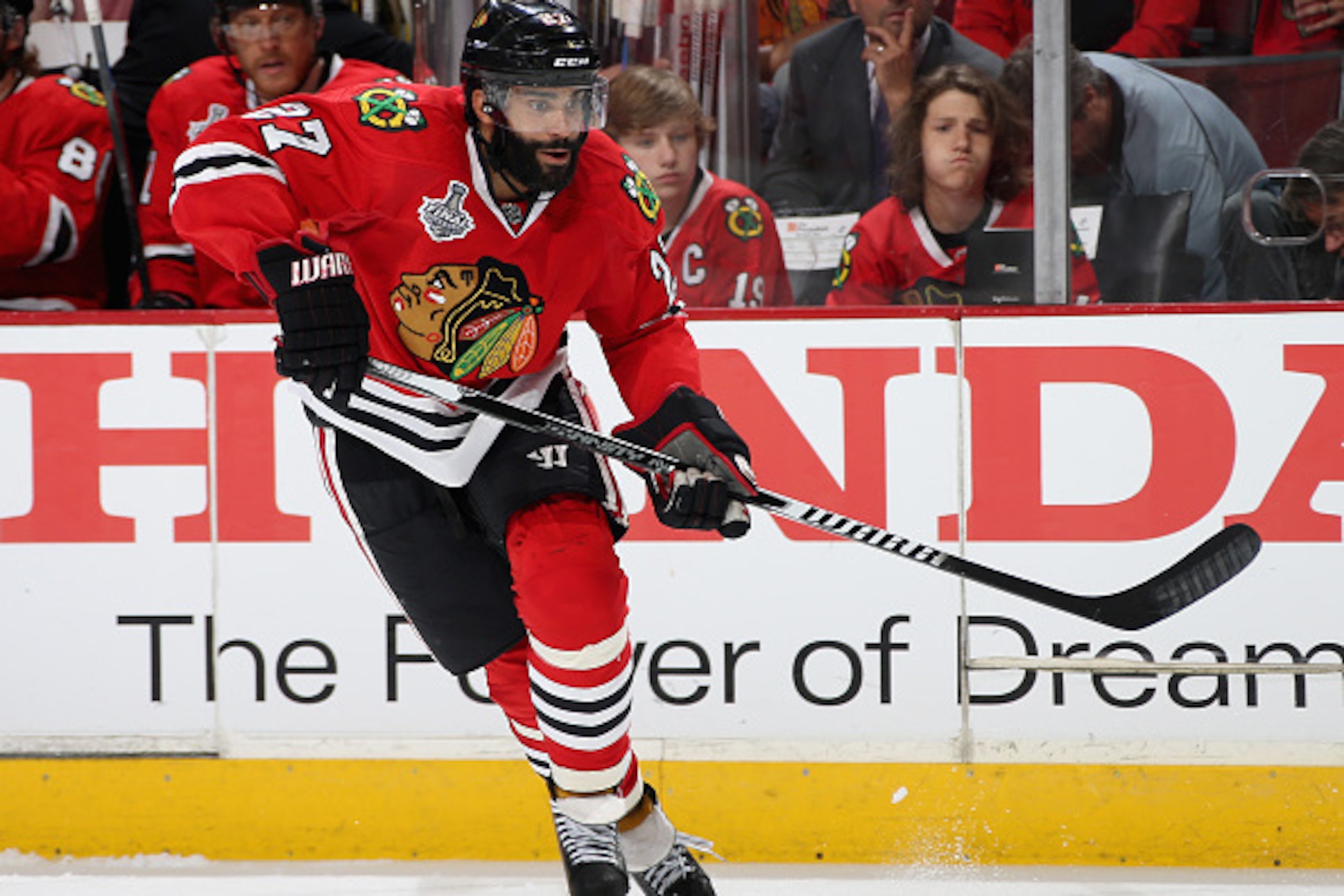 CHICAGO, IL - JUNE 10:  Johnny Oduya #27 of the Chicago Blackhawks plays against the Tampa Bay Lightning in Game Four of the 2015 NHL Stanley Cup Final at the United Center on June 10, 2015 in Chicago, Illinois.  (Photo by Dave Sandford/NHLI via Getty Ima