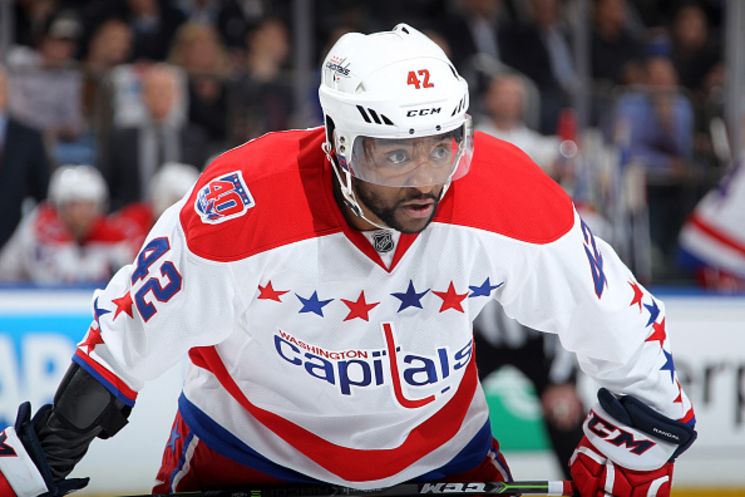 NEW YORK, NY - MAY 08:  Joel Ward #42 of the Washington Capitals looks on during a face-off against the New York Rangers in Game Five of the Eastern Conference Semifinals during the 2015 NHL Stanley Cup Playoffs at Madison Square Garden on May 8, 2015 in 