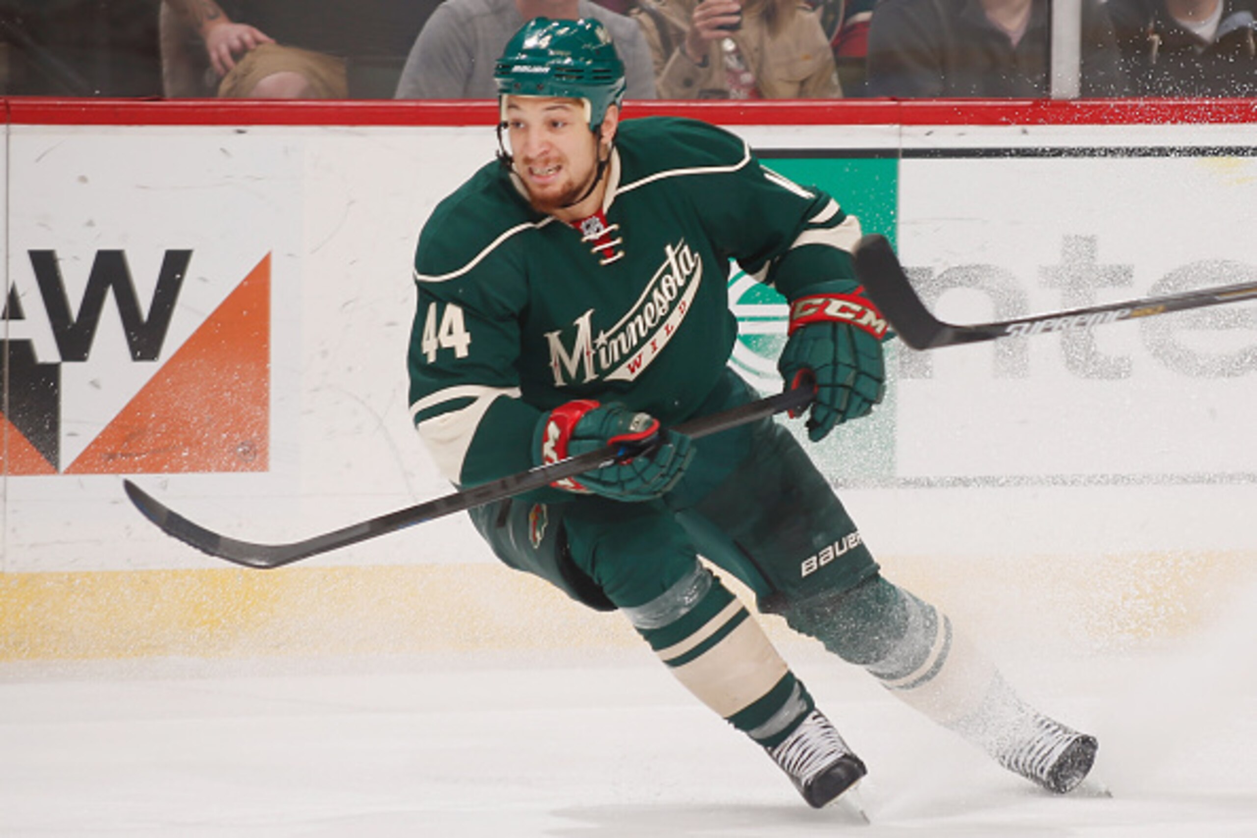 ST. PAUL, MN - APRIL 4: Chris Stewart #44 of the Minnesota Wild skates against the Detroit Red Wings during the game at the Xcel Energy Center on April 4, 2015  in St. Paul, Minnesota. (Photo by Bruce Kluckhohn/NHLI via Getty Images)