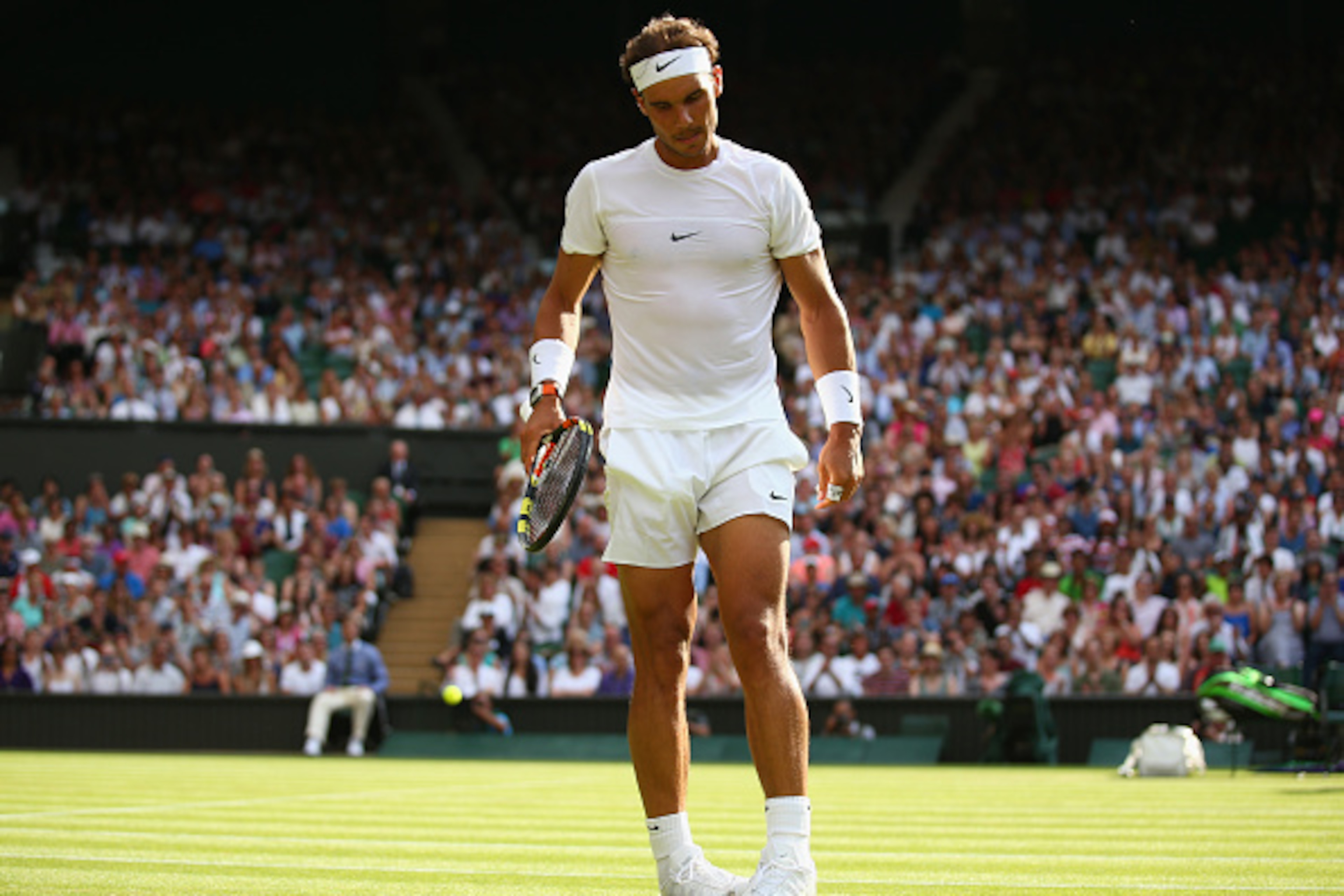 LONDON, ENGLAND - JULY 02:  Rafael Nadal of Spain looks dejected in his Gentlemens Singles Second Round match against  Dustin Brown of Germany during day four of the Wimbledon Lawn Tennis Championships at the All England Lawn Tennis and Croquet Club on Ju