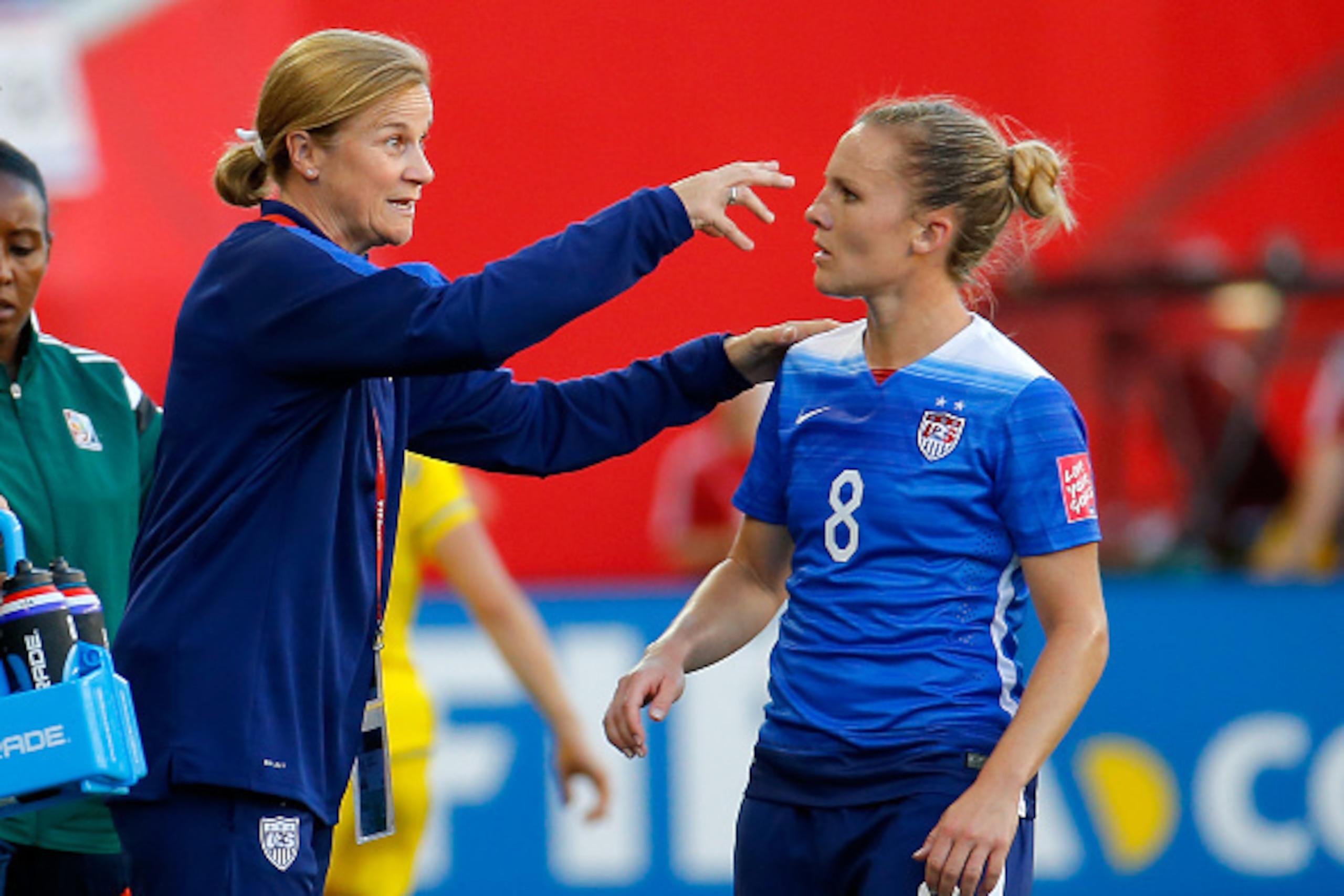 WINNIPEG, MB - JUNE 12:  Head coach Jill Ellis of the United States talks with Amy Rodriguez #8 in the second half against Sweden in the FIFA Women's World Cup Canada 2015 match at Winnipeg Stadium on June 12, 2015 in Winnipeg, Canada.  (Photo by Kevin C.