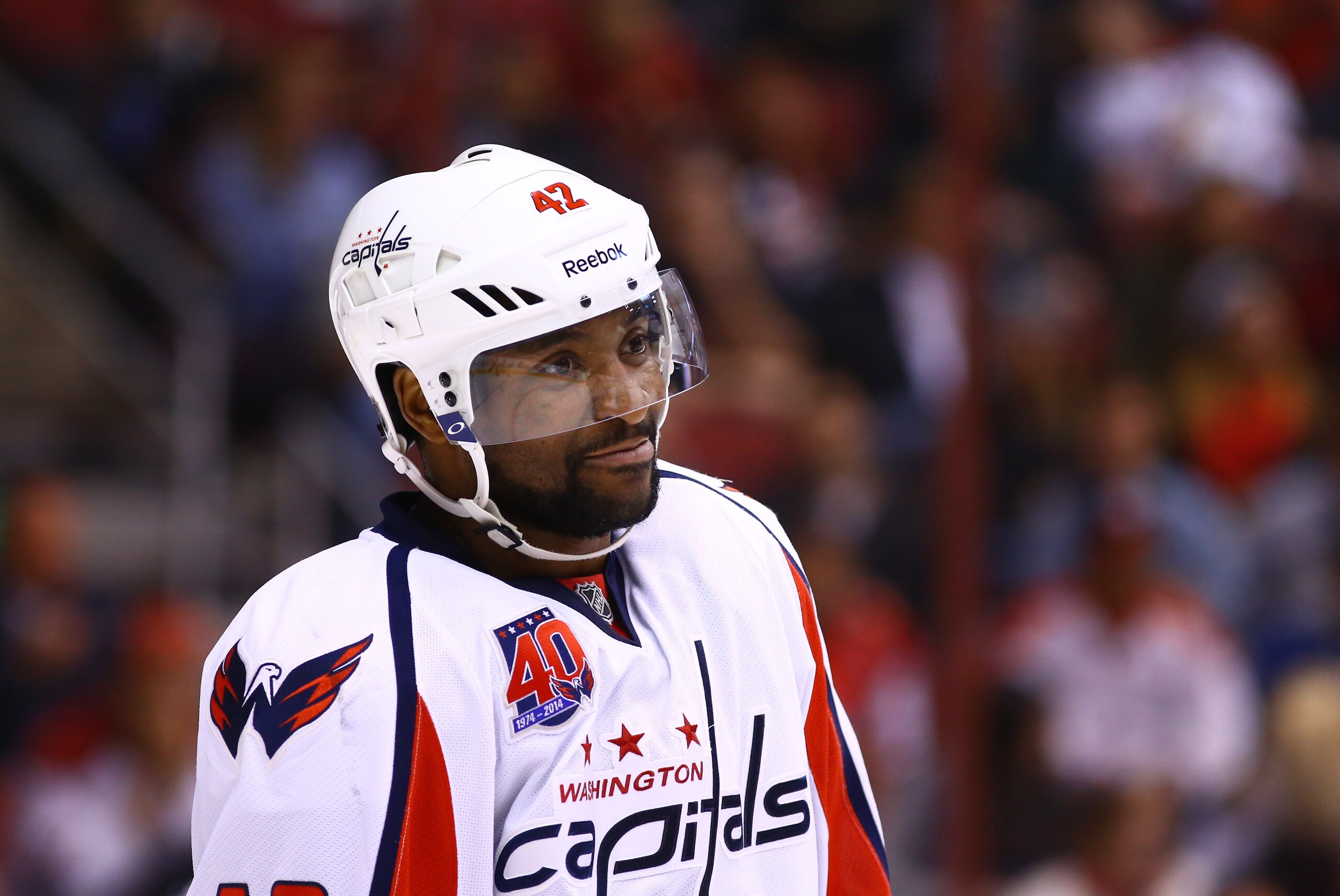 Nov 18, 2014; Glendale, AZ, USA; Washington Capitals right wing Joel Ward (42) against the Arizona Coyotes at Gila River Arena. Mandatory Credit: Mark J. Rebilas-USA TODAY Sports