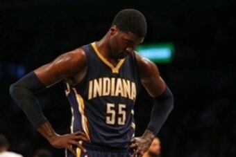 Mar 31, 2015; Brooklyn, NY, USA; Indiana Pacers center Roy Hibbert (55) reacts against the Brooklyn Nets during the second half at Barclays Center. The Nets defeated the Pacers 111 - 106. Mandatory Credit: Adam Hunger-USA TODAY Sports