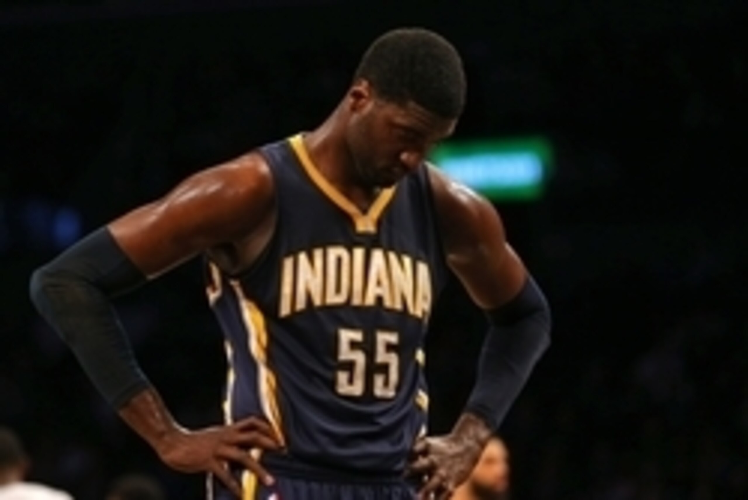 Mar 31, 2015; Brooklyn, NY, USA; Indiana Pacers center Roy Hibbert (55) reacts against the Brooklyn Nets during the second half at Barclays Center. The Nets defeated the Pacers 111 - 106. Mandatory Credit: Adam Hunger-USA TODAY Sports