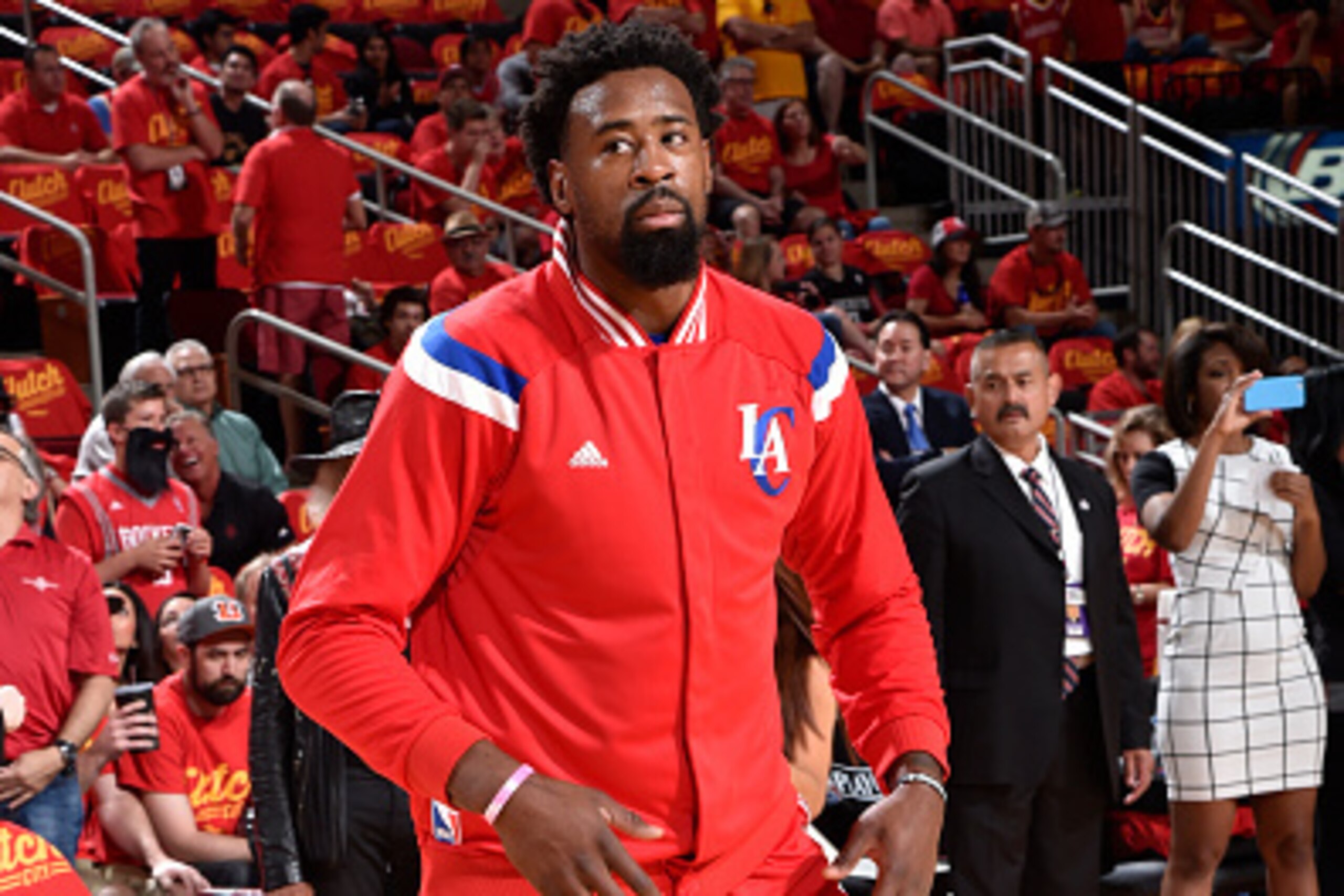 HOUSTON, TX - MAY 17:  DeAndre Jordan #6 of the Los Angeles Clippers warms up before Game Seven of the Western Conference Semifinals against the Houston Rockets during the 2015 NBA Playoffs on May 17, 2015 at the Toyota Center in Houston, Texas. NOTE TO U