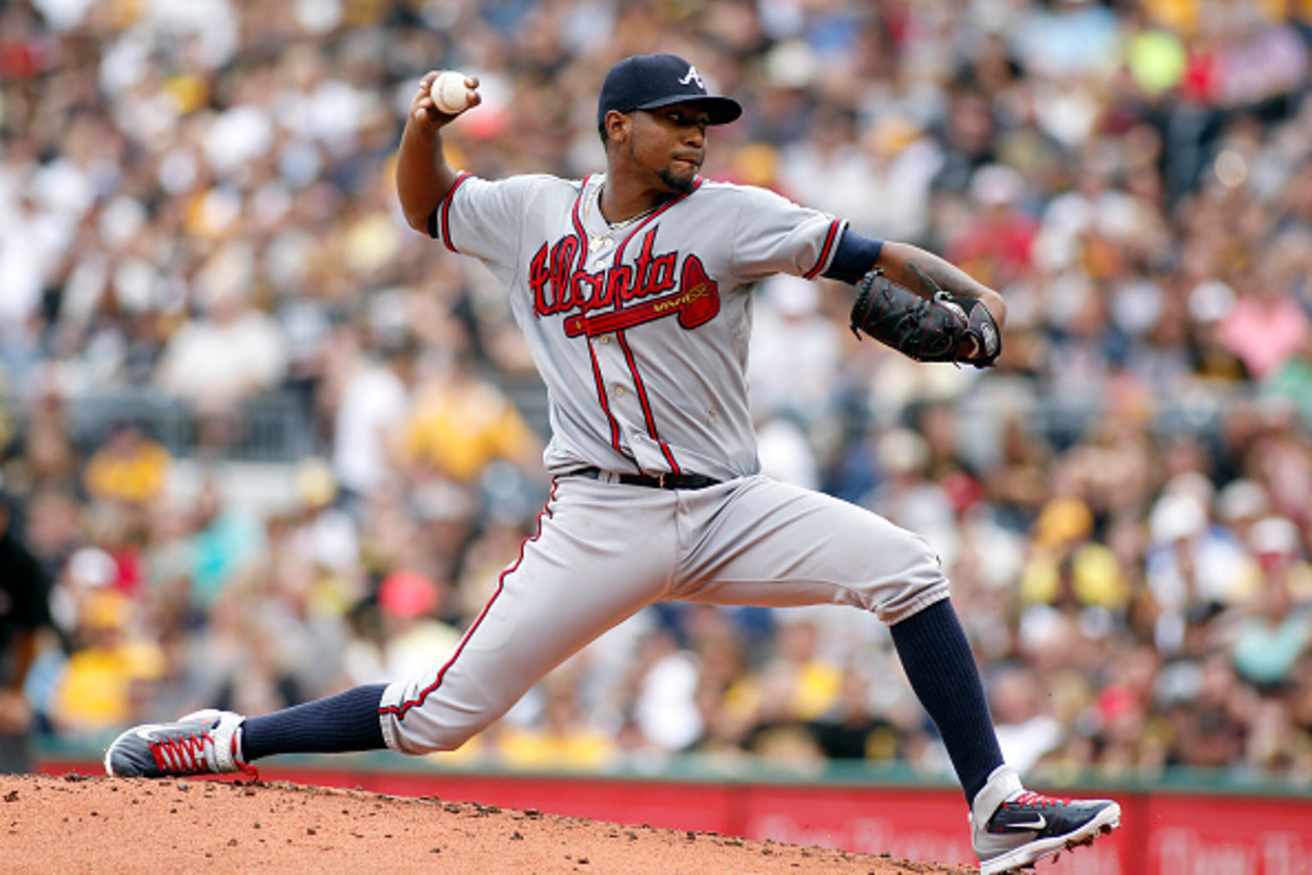 PITTSBURGH, PA - JUNE 27:  Julio Teheran #49 of the Atlanta Braves pitches in the first inning during the game against the Pittsburgh Pirates at PNC Park on June 27, 2015 in Pittsburgh, Pennsylvania.  (Photo by Justin K. Aller/Getty Images)