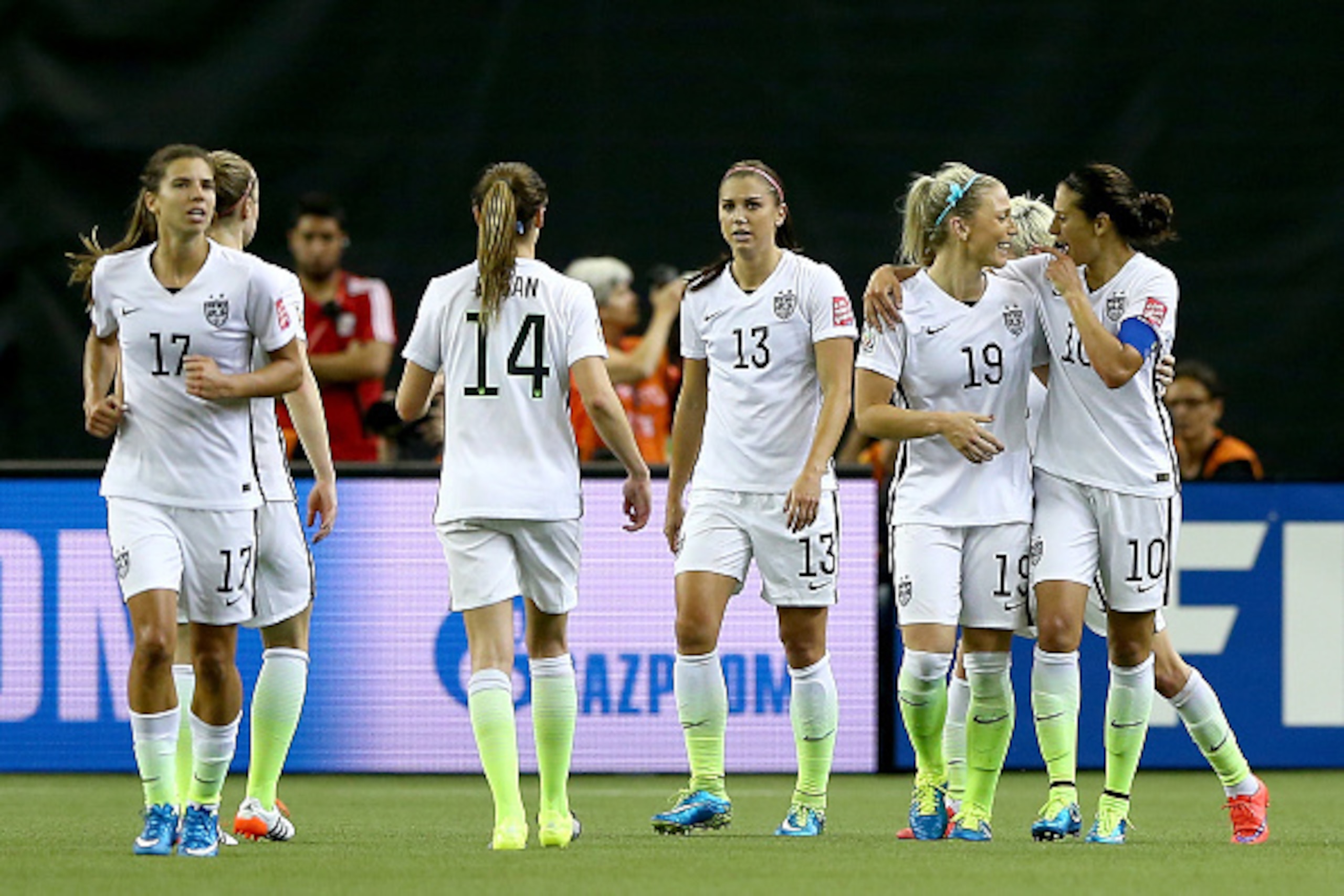 MONTREAL, QC - JUNE 30:  (R) Carli Lloyd #10 of the United States celebrates after scoring on a penalty kick for the opening goal against Germany in the FIFA Women's World Cup 2015 Semi-Final Match at Olympic Stadium on June 30, 2015 in Montreal, Canada. 