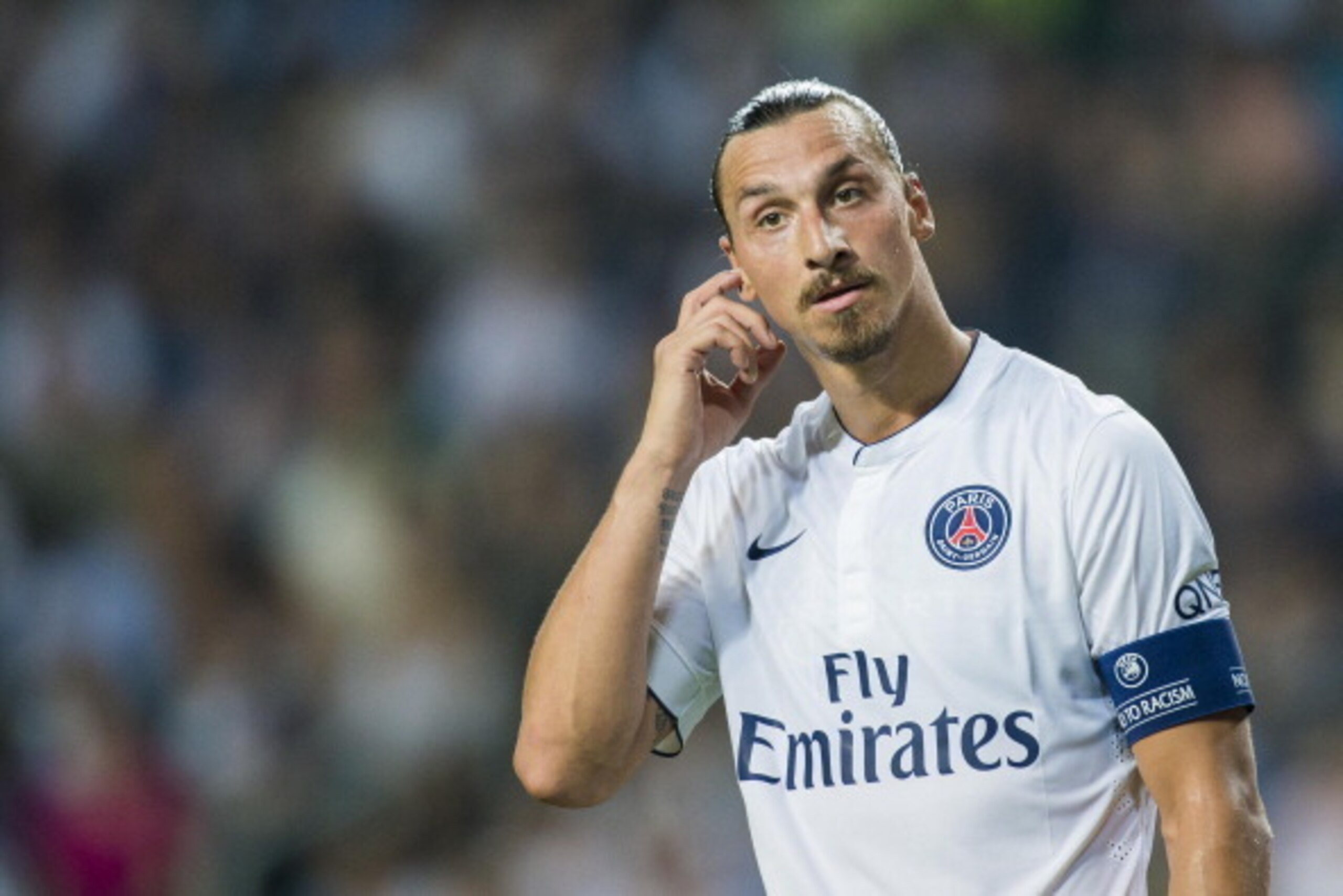 HONG KONG - JULY 29:  Zlatan Ibrahimovic of Paris Saint-Germain reacts during the friendly match between Kitchee and Paris Saint-Germain at Hong Kong Stadium on July 29, 2014 in Hong Kong, Hong Kong.  (Photo by Victor Fraile/Getty Images)