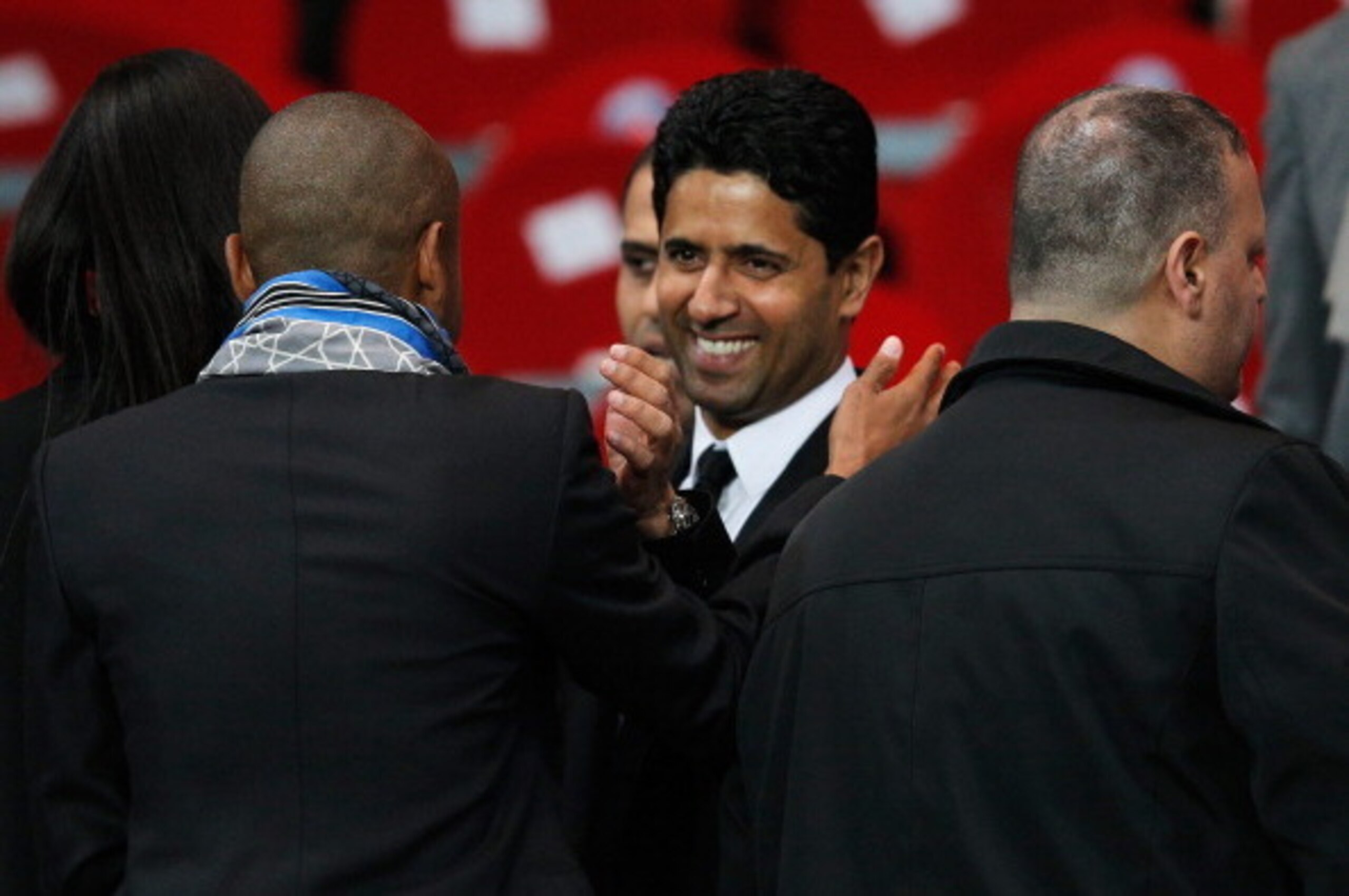 PARIS, FRANCE - MAY 07:  PSG owner Nasser Al-Khelaifi celebrates after the Ligue 1 match between Paris Saint-Germain FC and Stade Rennais FC at Parc des Princes on May 7, 2014 in Paris, France.  PSG lost the match 1-2 but still won the 2014 Ligue 1 Champi