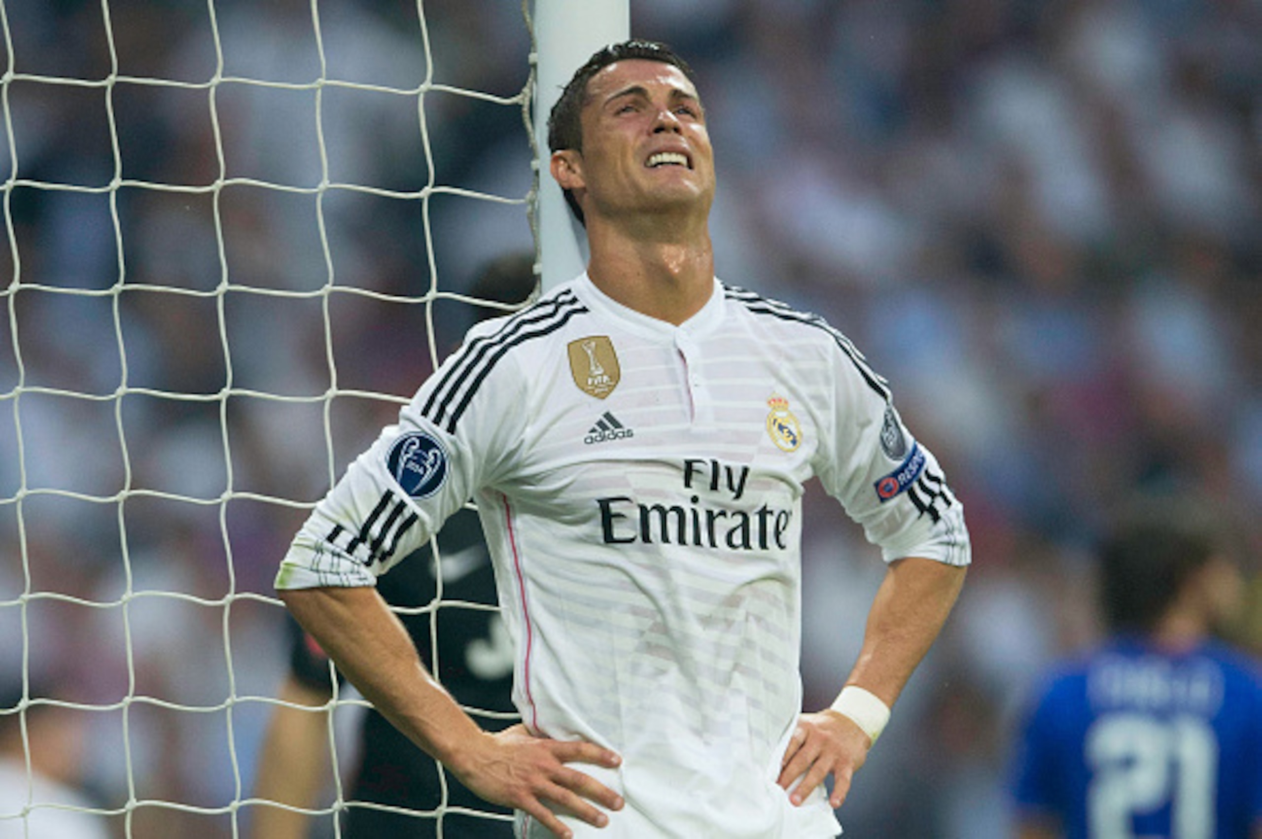 MADRID, SPAIN - MAY 13:  Cristiano Ronaldo of Real Madrid reacts after a missed chance on goal during the UEFA Champions League Semi Final, second leg match between Real Madrid and Juventus at Estadio Santiago Bernabeu on May 13, 2015 in Madrid, Spain.  (
