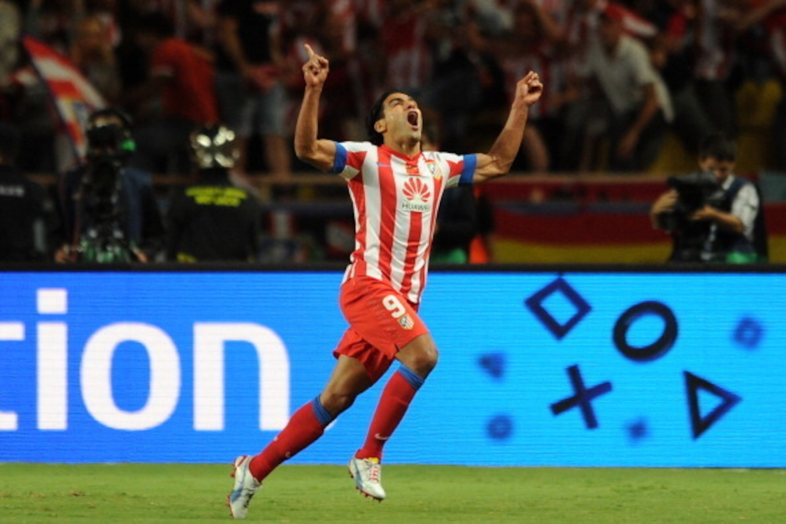MONACO - AUGUST 31: Falcao of Atletico Madrid celebrates scoring his side's second goal during the UEFA Super Cup match between Chelsea and Atletico Madrid at Louis II Stadium on August 31, 2012 in Monaco, Monaco. (Photo by Chris Brunskill/Getty Images)