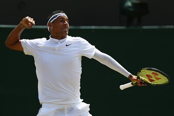 LONDON, ENGLAND - JULY 03:  Nick Kyrgios of Australia celebrates a point in his GentlemenÂs Singles Third Round match against Milos Raonic of Canada during day five of the Wimbledon Lawn Tennis Championships at the All England Lawn Tennis and Croquet Club