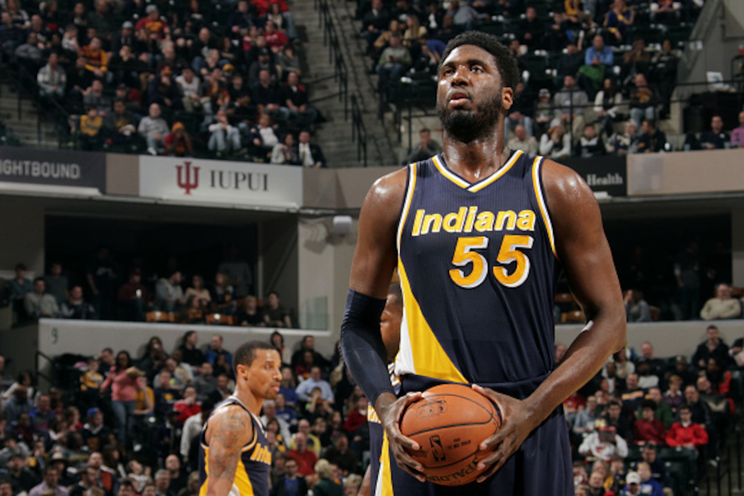 INDIANAPOLIS - FEBRUARY 27: Roy Hibbert #55 of the Indiana Pacers attempts a free throw against the Cleveland Cavaliers at Bankers Life Fieldhouse on February 27, 2015 in Indianapolis, Indiana. NOTE TO USER: User expressly acknowledges and agrees that, b INDIANAPOLIS - FEBRUARY 27: Roy Hibbert #55 of the Indiana Pacers attempts a free throw against the Cleveland Cavaliers at Bankers Life Fieldhouse on February 27, 2015 in Indianapolis, Indiana. NOTE TO USER: User expressly acknowledges and agrees that, b
