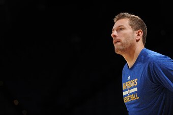 OAKLAND, CA - MARCH 14: David Lee #10 of the Golden State Warriors before a game against the New York Knicks on March 14, 2015 at Oracle Arena in Oakland, California. NOTE TO USER: User expressly acknowledges and agrees that, by downloading and or using t