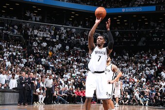 BROOKLYN, NY - APRIL 27: Joe Johnson #7 of the Brooklyn Nets shoots against the Atlanta Hawks during Game Four of the Eastern Conference Quarterfinals during the NBA Playoffs on April 27, 2015 at Barclays Center in Brooklyn, NY. NOTE TO USER: User express