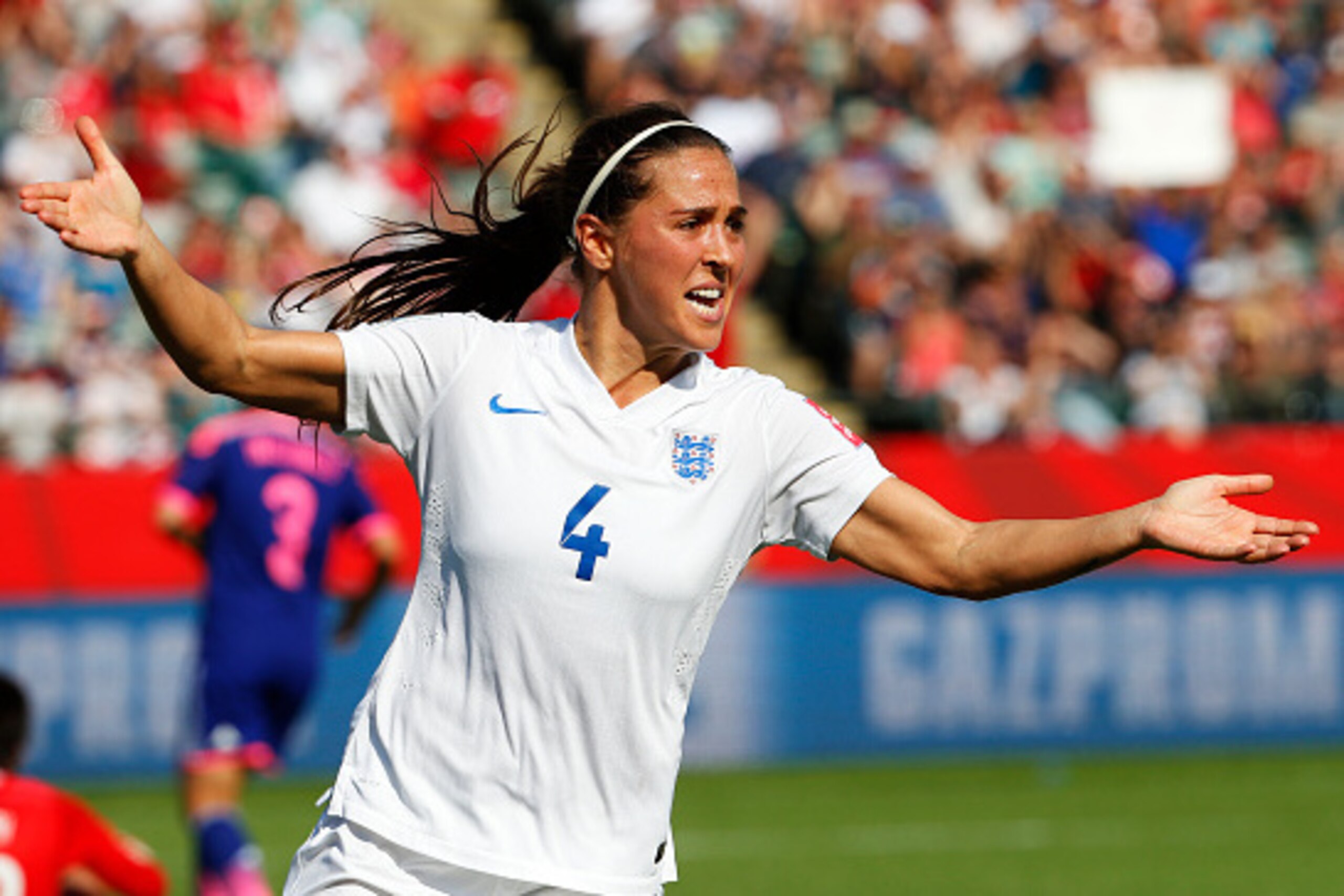 EDMONTON, AB - JULY 1: Fara Williams #4 of England celebrates her penalty kick goal during the FIFA Women's World Cup Canada Semi Final match between England and Japan at Commonwealth Stadium on July 1, 2015 in Edmonton, Alberta, Canada.  (Photo by Todd K