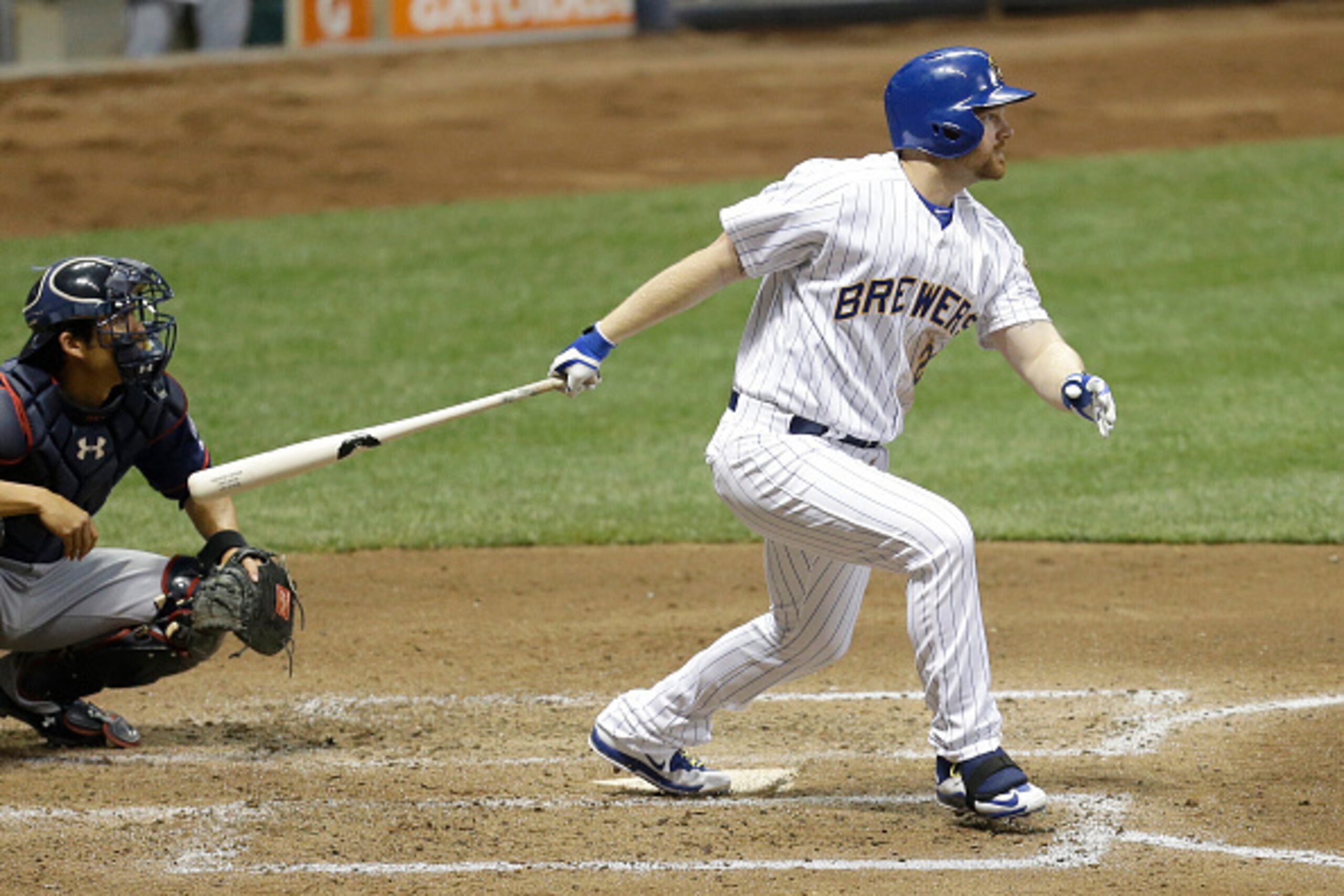 MILWAUKEE, WI - JUNE 26: Adam Lind #24 of the Milwaukee Brewers hits his 1000 career hit in the fourth inning against the Minnesota Twins during the Interleague game at Miller Park on June 26, 2015 in Milwaukee, Wisconsin. (Photo by Mike McGinnis/Getty Im