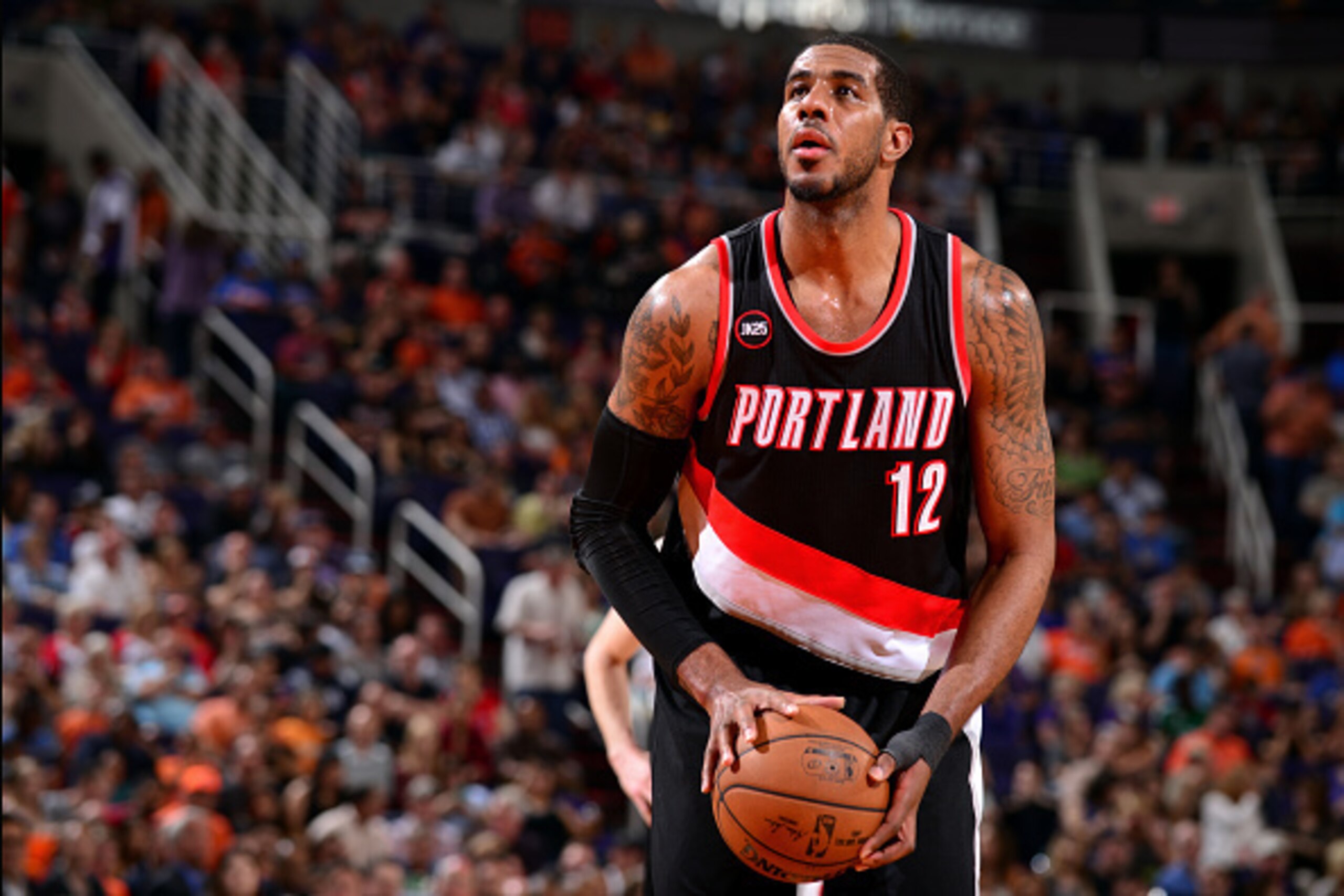 PHOENIX, AZ - MARCH 27: LaMarcus Aldridge #12 of the Portland Trail Blazers attempts a free throw against the Phoenix Suns on March 27, 2015 at U.S. Airways Center in Phoenix, Arizona. NOTE TO USER: User expressly acknowledges and agrees that, by download PHOENIX, AZ - MARCH 27: LaMarcus Aldridge #12 of the Portland Trail Blazers attempts a free throw against the Phoenix Suns on March 27, 2015 at U.S. Airways Center in Phoenix, Arizona. NOTE TO USER: User expressly acknowledges and agrees that, by download