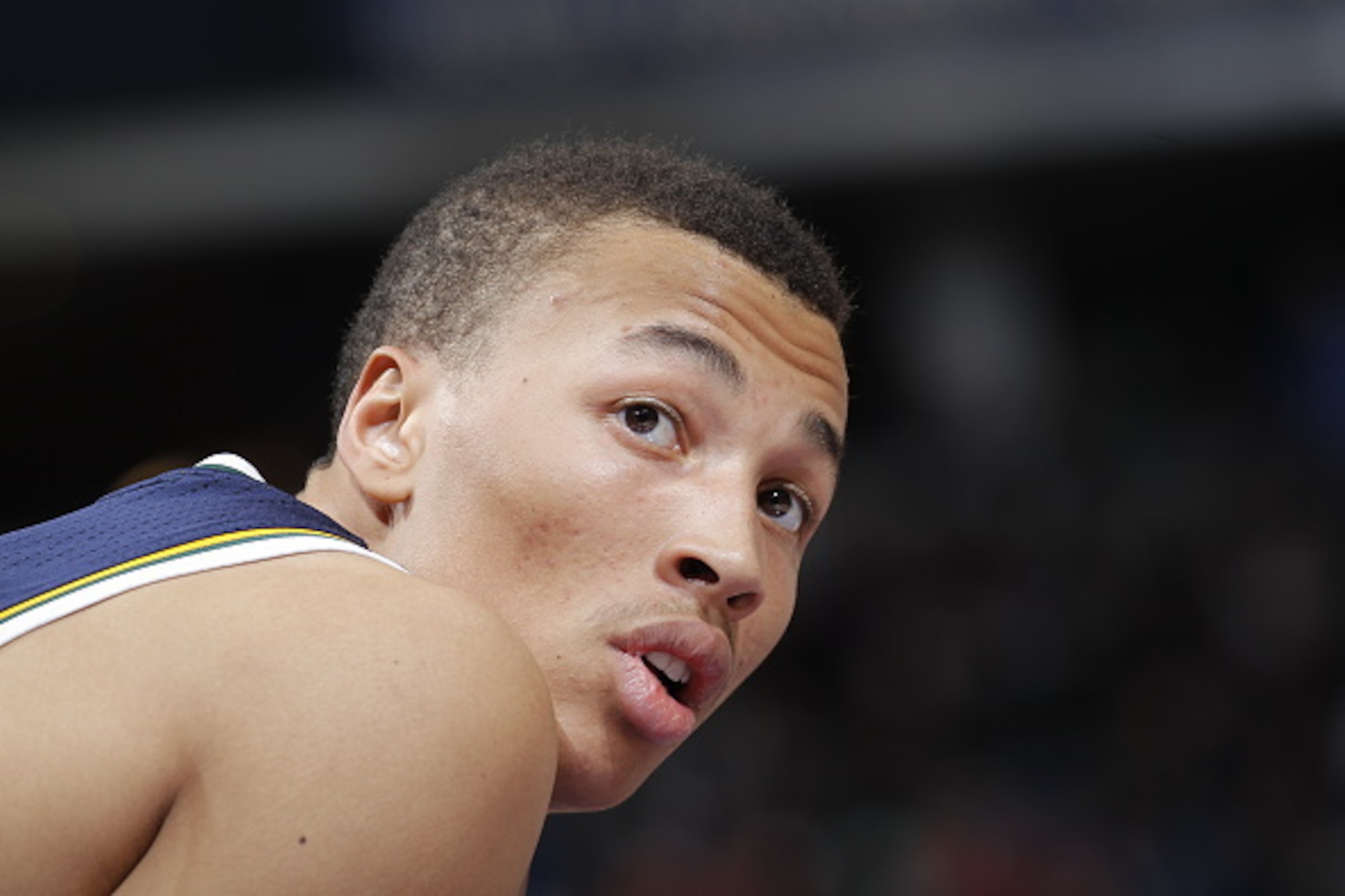 SACRAMENTO, CA - APRIL 5: Dante Exum #11 of the Utah Jazz looks on during the game against the Sacramento Kings on April 5, 2015 at Sleep Train Arena in Sacramento, California. NOTE TO USER: User expressly acknowledges and agrees that, by downloading and 