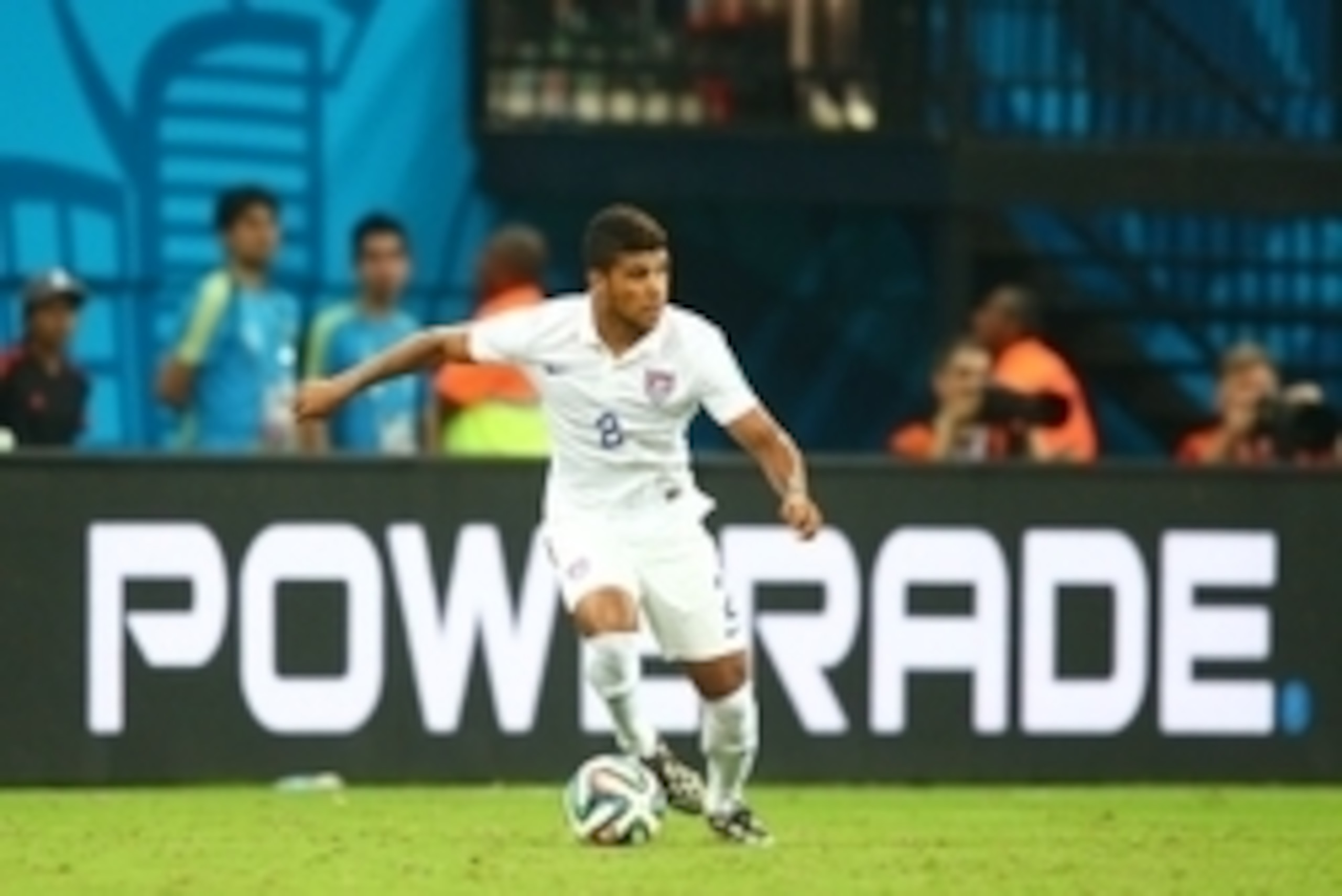 Jun 22, 2014; Manaus, Amazonas, BRAZIL; USA defender DeAndre Yedlin (2) against Portugal during the 2014 World Cup at Arena Amazonia. The game ended in a 2-2 draw. Mandatory Credit: Mark J. Rebilas-USA TODAY Sports