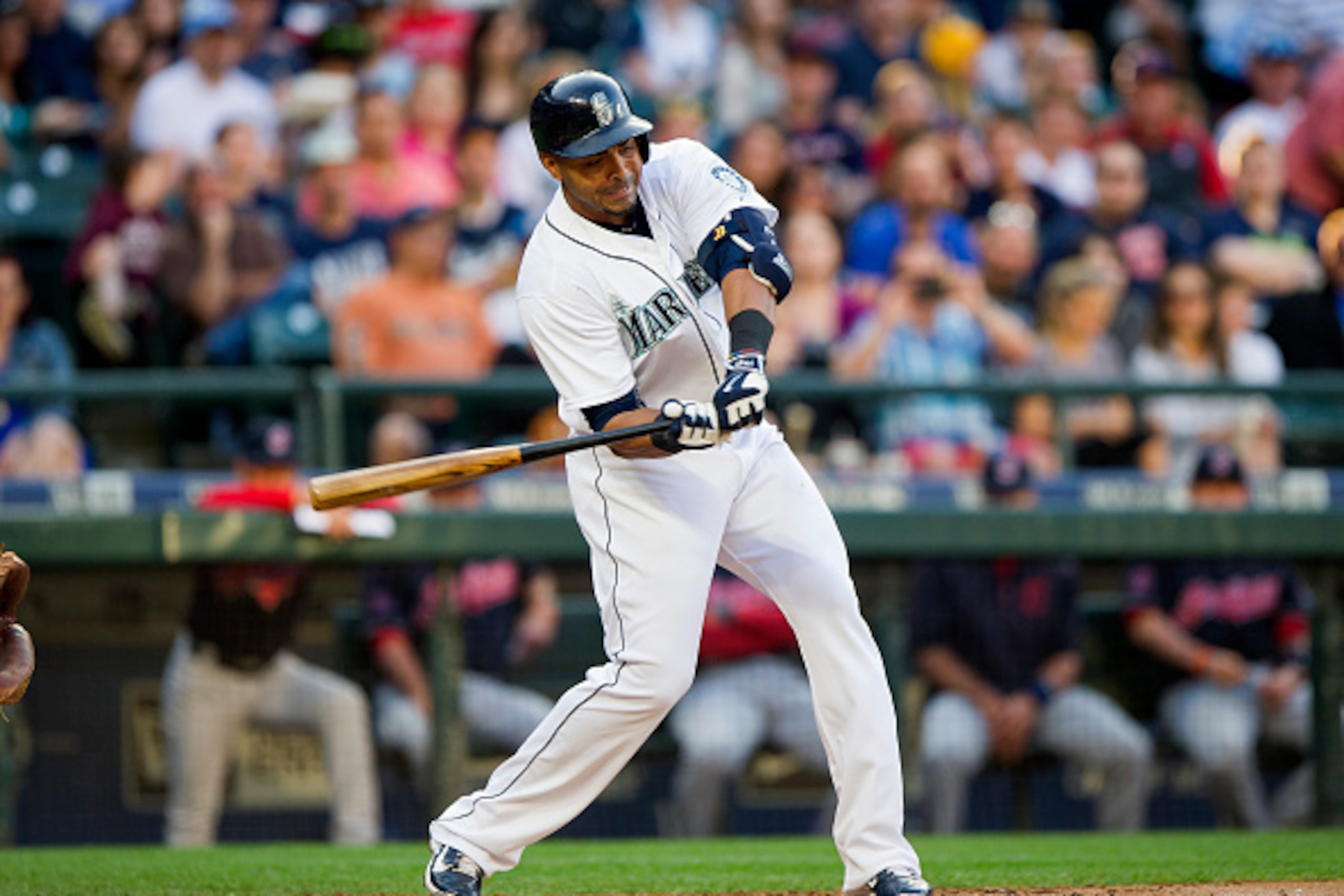 SEATTLE, WA - MAY 30:  Nelson Cruz #23 of the Seattle Mariners swings at a pitch during MLB baseball action against the Cleveland Indians at Safeco Field on May 30, 2015 in Seattle, Washington.  (Photo by Rich Lam/Getty Images)