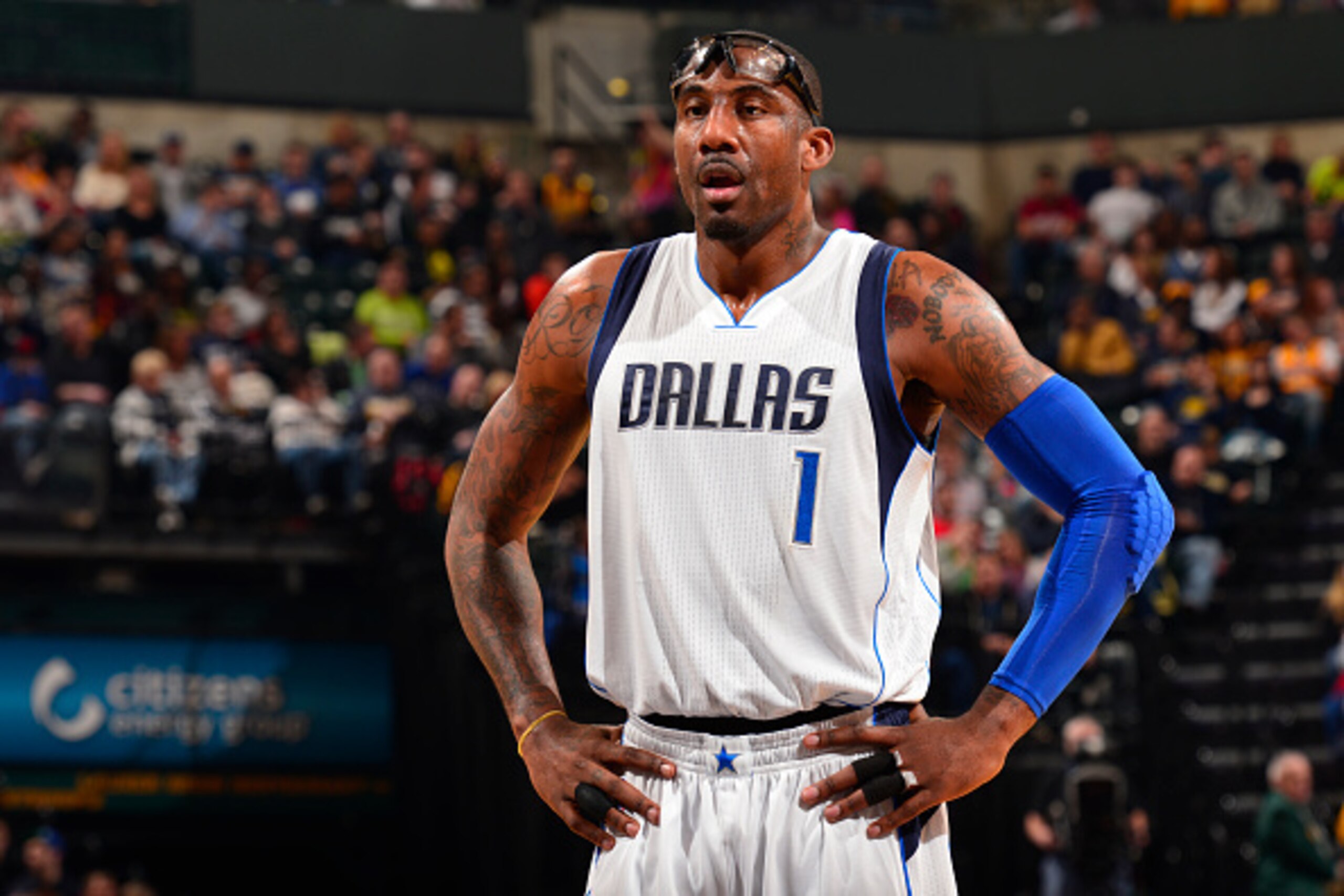INDIANAPOLIS, IN - MARCH 29: Amar'e Stoudemire #1 of the Dallas Mavericks looks on against the Indiana Pacers on March 29, 2015 at Bankers Life Fieldhouse in Indianapolis, Indiana. NOTE TO USER: User expressly acknowledges and agrees that, by downloading 