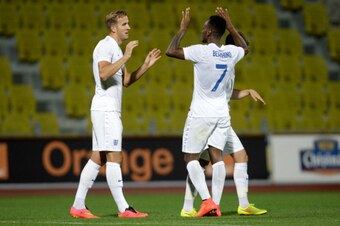 TIRASPOL, MOLDOVA - SEPTEMBER 9:  Harry Kane and Saido Berahino of England celebrate after the third goal during the Moldova v England UEFA U21 Championship Qualifier 2015 match at Stadionul Sheriff on September 9, 2014 in Tiraspol, Moldova. (Photo by Get