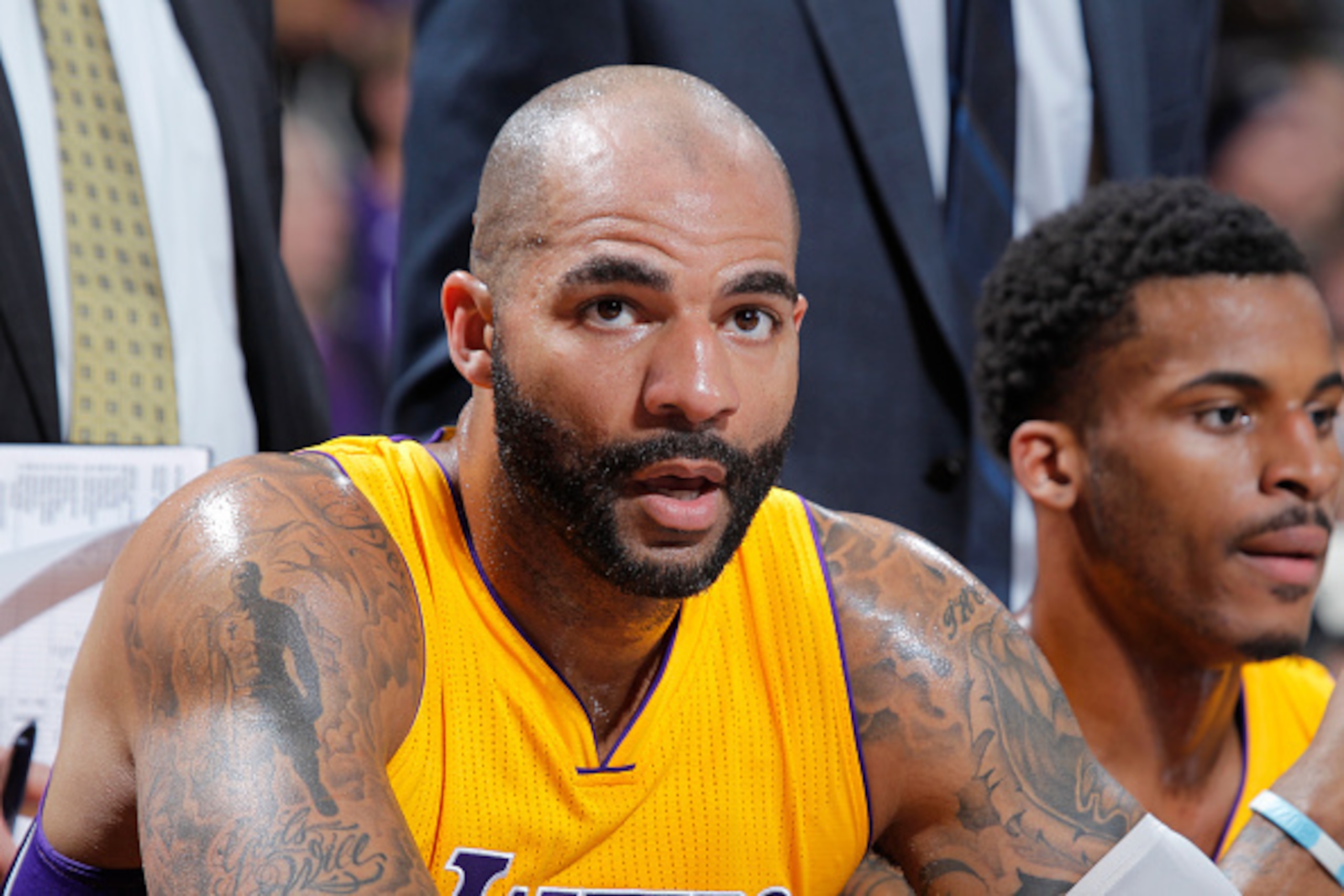SACRAMENTO, CA - APRIL 13: Carlos Boozer #5 of the Los Angeles Lakers looks on during the game against the Sacramento Kings on April 13, 2015 at Sleep Train Arena in Sacramento, California. NOTE TO USER: User expressly acknowledges and agrees that, by dow