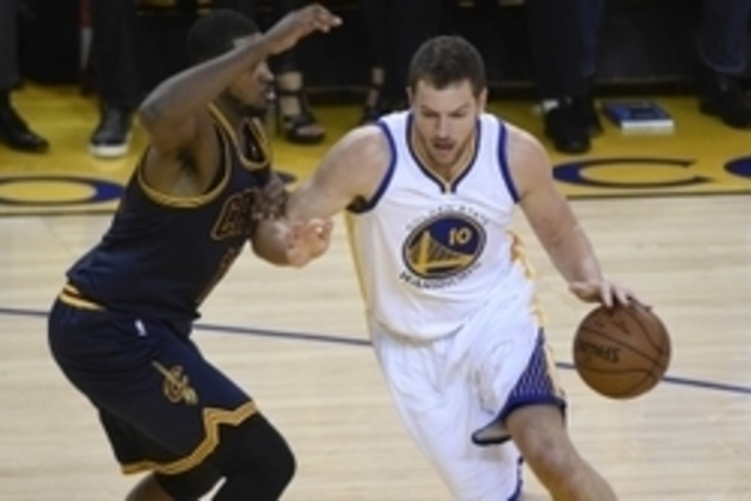 June 14, 2015; Oakland, CA, USA; Golden State Warriors forward David Lee (10) moves the ball against the defense of Cleveland Cavaliers center Tristan Thompson (13) in the first half in game five of the NBA Finals. at Oracle Arena. Mandatory Credit: Kyle June 14, 2015; Oakland, CA, USA; Golden State Warriors forward David Lee (10) moves the ball against the defense of Cleveland Cavaliers center Tristan Thompson (13) in the first half in game five of the NBA Finals. at Oracle Arena. Mandatory Credit: Kyle