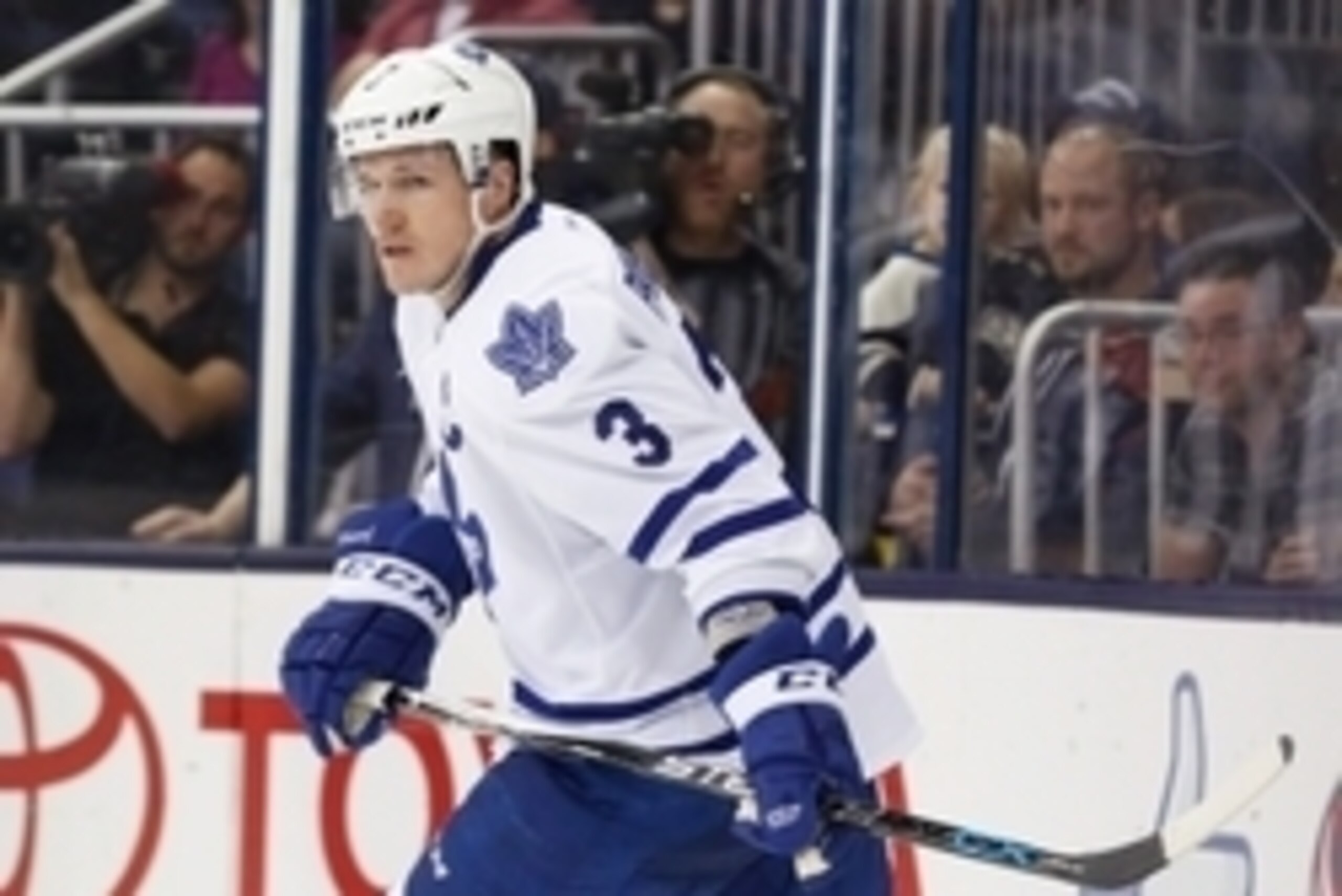 Apr 8, 2015; Columbus, OH, USA; Toronto Maple Leafs defenseman Dion Phaneuf (3) against the Columbus Blue Jackets at Nationwide Arena. The Jackets won 5-0. Mandatory Credit: Aaron Doster-USA TODAY Sports