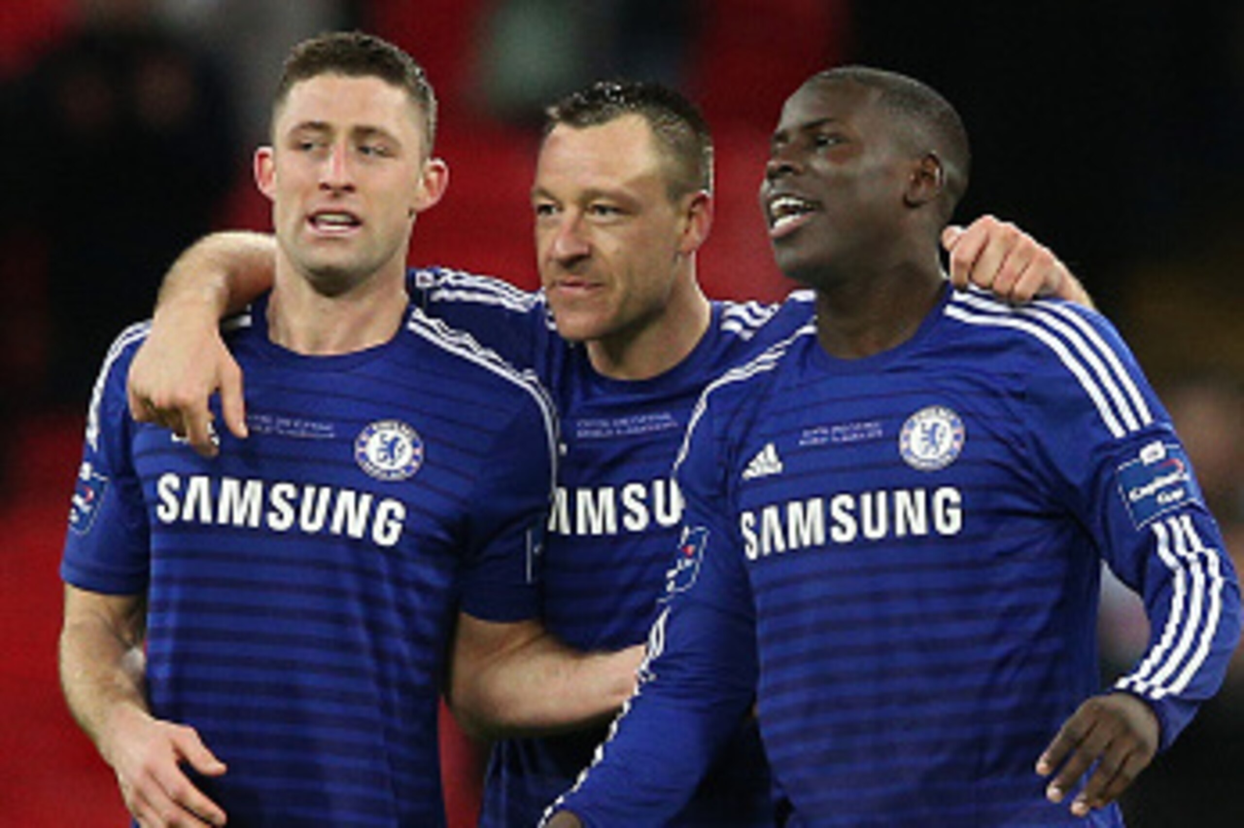 LONDON, ENGLAND - MARCH 01:  (L-R) Gary Cahill, John Terry and Kurt Zouma of Chelsea celebrate after victory in the Capital One Cup Final match between Chelsea and Tottenham Hotspur at Wembley Stadium on March 1, 2015 in London, England.  (Photo by Clive 